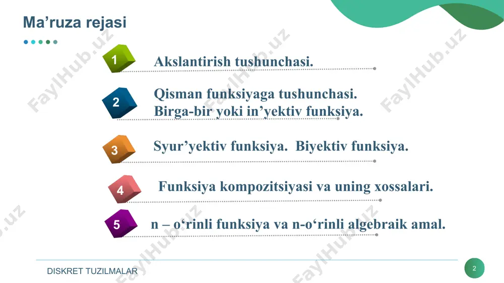 ktsiya hisoblanadi. teorema: 1) agar f :a→b, g:b→c bo‘lsa, u holda f *g:a→c bo‘ladi. 2) agar f :a→b bo‘lsa, u holda ida*f=f va f *idb=f diskret tuzilmalar * 3) agar bo‘lsa, u holda bo‘ladi. 4) agar f va g – turli qiymatli akslantirish bo‘lsa, u holda f *g - turli qiymatli akslantirish bo‘ladi. 5) agar f:a↔b, g:b↔c bo‘lsa, u holda f *g :a↔c bo‘ladi. 6) agar f:a↔b bo‘lsa, u holda f -1 :b↔a, f *f -1=ida, f -1*f=idb diskret tuzilmalar * agar f - akslantirish va x⊂dl(f) bo‘lsa, u holda {f(x): x∊x} to‘plam x to‘plamning akslantirishi natijasida tasviri deyiladi va f(x) kabi belgilanadi. f :n→b funktsiya ketma-ketlik deyiladi va uni f(1), f(2), … yoki b1, b2,...,bn∊f(n), n∊n kabi belgilanadi. diskret tuzilmalar * agar f - akslantirish va x⊂dl(f) bo‘lsa, u holda {f(x): x∊x} to‘plam x to‘plamning akslantirishi natijasida tasviri deyiladi va f(x) kabi belgilanadi. f :n→b funktsiya ketma-ketlik deyiladi va …