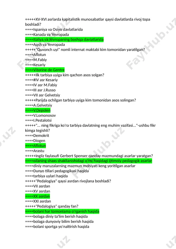 i kelib chiqadi? ====ekologik xamda biologik ====mezo ====makro ====biologik +++++pedagogikaning asosiy mezoni nima? ====ta’lim,tarbiya ====ta‘lim ,ko’nikma ====o‘qish ,bilim ====bilim ,istedot +++++deviant xatti harakat nima? ====pisixologik sag‘lom shaxslar tamonidan meyoriy qoidalarni buzish. ====ijtimoiy pedagogik muomo ====aqliy o‘sish ====imkoniyati cheklangan shaxs +++++5ta asosga tayanadigan din qaysi? ====islom dini. ====xristian dini. ====zardushtiylik. ====xamma javoblar togri. +++++davlat va tarbiyaning ozaro munosabati goyasini ilgari surgan olim kim? ====aflotun. ====russo. ====boymer. ====demokrit. +++++tarbiya goyalarini ilgari surgan olim? ====russo. ====demokrit. ====boymer. ====mudrik. +++++ijtimoiy tarbiya muammolari togrisida tadqiqot olib borgan olim? ====filova. ====russo. ====aflotun. ====lomonosov. +++++kim shaxs rivojlanishini biologik omil deb hisoblaydi? ====a.kombslar ====u.cherchill ====d.dyui ====trondyak ++++ identifikatsiya bu ====jarayonida tarbiyalanuvchi hayolan o’zini o’rtoqlari bilan qiyoslaydi. ====ob’ekti nafaqat real insonlar, balki tasavvurlardagi insonlar ham bo’lishi mumkin ====muayyan g’oya, fikr, xohish, istaklarni ongdan chiqarib tashlashdan iborat ====oʻzgalarga yordam ko’rsatish ++++bola ijtimoyillashuvida kosmos, planeta, dunyo, demografik, ijtimoiy siyosiy, ekologik, planetar jarayonlarning ta’siri bu ====mega omillar ====mikro omillar ====mezo omillar ====makro …