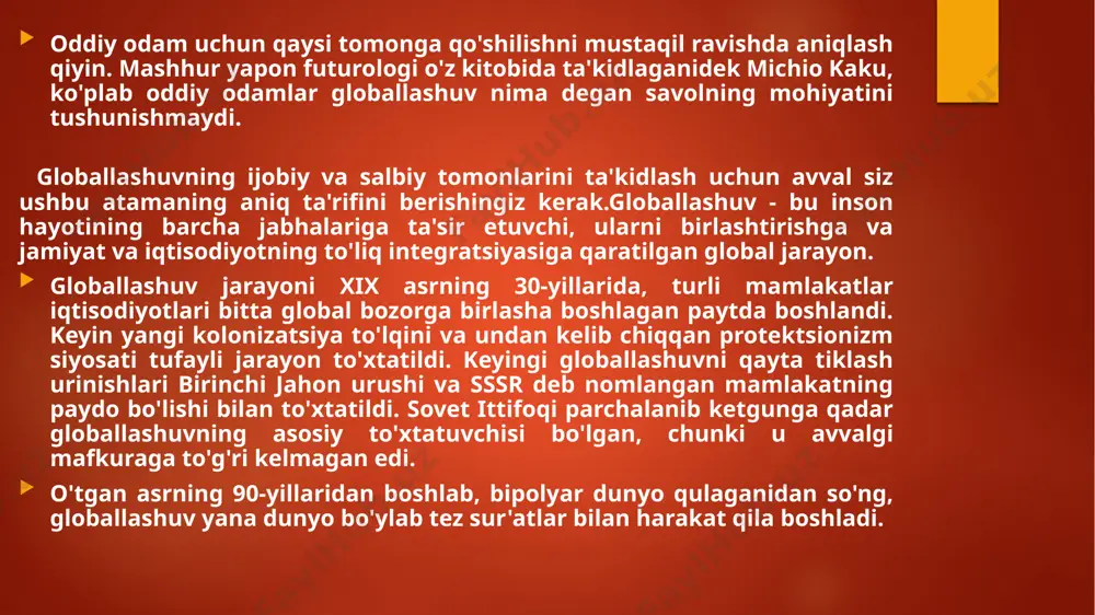globallashuv jarayonining ijobiy va salbiy oqibatlari - Page 3