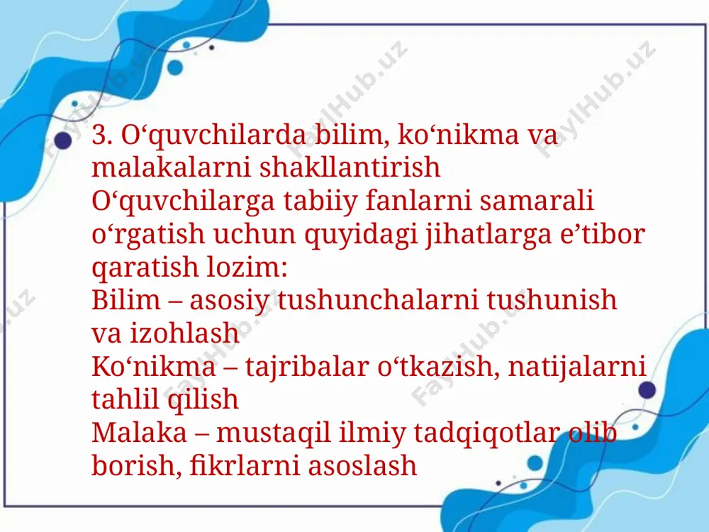 avv. 384–322) – tabiatshunoslik va biologiya asoschilaridan biri. o‘simliklar va hayvonlarning tasnifi bo‘yicha ishlari mavjud. galen (mil. 129–216) – tibbiyot va fiziologiya bo‘yicha muhim ilmiy ishlari bilan mashhur. al-xorazmiy (780–850) – astronomiya, matematika va geografiya fanlari rivojiga ulkan hissa qo‘shgan. abu rayhon beruniy (973–1048) – geologiya, geografiya va astronomiya bo‘yicha ilmiy ishlari bilan mashhur. ibn sino (980–1037) – tibbiyot, botanika va farmakologiya bo‘yicha muhim tadqiqotlar olib borgan. 1.2. uyg‘onish davri va yangi davr olimlari nikolay kopernik (1473–1543) – geosentrik dunyoqarashga qarshi chiqib, heliosentrik nazariyani ilgari surgan. galileo galiley (1564–1642) – tajribaviy metod asoschisi, mexanika va astronomiya bo‘yicha ishlari mashhur. isaak nyuton (1643–1727) – klassik mexanikaning asoschisi, tabiat qonuniyatlarini ilmiy izohlash yo‘lini ko‘rsatgan. karl linney (1707–1778) – biologiyada organizmlarni tasniflash tizimini yaratgan. antuan lavuazye (1743–1794) – zamonaviy kimyo asoschisi, moddalar massasi saqlanish qonunini yaratgan. charlz darvin (1809–1882) – evolyutsiya nazariyasini yaratib, biologiyada yangi davrni boshlab bergan. 1.3. zamonaviy tabiiy fanlar rivojiga …