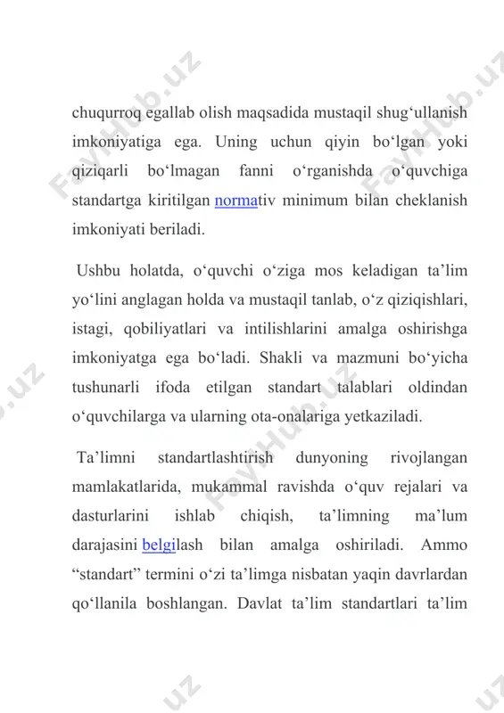 rli ta’lim muassasalarida (davlat va nodavlat) ta’limning barqaror darajasini ta’minlash sharti amalga oshiriladi. dts о‘z mohiyatiga kо‘ra о‘quv dasturlari, darsliklar, qо‘llanmalar, nizomlar о‘quv rejasi va boshqa mayoriy hujjatlarni yaratish uchu nasos bо‘lib xizmat qiladi dtsni, uning talablarini bajarish о‘zbekiston respublikasi hududida faoliyat kо‘rsatayotgan mulkchilik shakli va idoraviy bо‘ysunishdan qat’i nazar barcha ta’lim muassasalari uchun majburiydir. umumiy о‘rta (kasb-hunar va oliy) ta’limning dts quyidagi tamoyillariga tayangan holda ishlab chiqiladi: · dts ni davlat va jamiyat talablari va shaxs ehtiyojiga mosligi · о‘quv dasturlari mazmunining jamiyat ijtimoiy-iqtisodiy taraqqiyoti hamda fan-texnika rivojlanishi bilan bog‘liqligi; · umumiy о‘rta (kasb-hunar va oliy) ta’limning boshqa ta’lim turlari va bosqichlari bilan uzluksizligi va ta’lim mazmunining uzviyligi · umumiy о‘rta (kasb-hunar va oliy) ta’lim mazmunining insonparvarligi · ta’lim mazmunining respublikadagi barcha hududlardagi birligi va yaxlitligi · umumiy о‘rta (kasb-hunar va oliy) ta’limning mazmuni, shakli, vositalari va usullarini tanlashda innovatsiya (ilg‘or) texnologiya yutuqlariga tayanish · pedagogik tafakkurda qaror topgan …