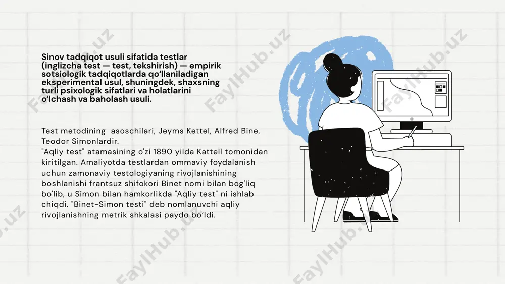 axslarni taqqoslash (taqqoslash, farqlash va tartiblash) zarurati bilan bog'liq edi. ishonchlilik mezonlariga javob beradigan har bir test, vazifalar to'plamiga qo'shimcha ravishda, quyidagi komponentlarni o'z ichiga oladi: vazifalarni bajarish maqsadi va qoidalari to'g'risida sub'ekt uchun standart ko'rsatmalar; masshtablash kaliti - topshiriq ob'ektlarining o'lchangan sifatlar shkalasi bilan o'zaro bog'liqligi, qaysi vazifa qaysi masshtabga tegishli ekanligini ko'rsatadi; ma'lum bir javob varianti o'lchovga qancha ball qo'shishini hisoblash imkonini beruvchi kodlash kaliti, olingan natija bilan bog'liq bo'lgan me'yor ma'lumot larini ifodalovchi natijaviy indeksni talqin qilish kaliti. sotsiologik tadqiqotlarda testlarning ahamiyati katta bo‘lib, ular jamiyat va inson xulq-atvori haqidagi bilimlarni chuqurlashtirishga xizmat qiladi. quyida testlarning asosiy ahamiyatlari bayon etiladi: 1. ma'lumotlarni to'plashning aniqligi testlar tadqiqotchilarga ma'lum bir masala bo‘yicha ma'lumotlarni tizimli va aniq usulda yig‘ishga yordam beradi. ular standartlashtirilgan bo‘lgani sababli, turli guruhlar o‘rtasida qiyosiy tahlilni osonlashtiradi. 2. xulq-atvor va munosabatlarni o‘lchash sotsiologik tadqiqotlarda testlar insonlarning ijtimoiy muammolarga munosabatini, qiziqishlarini, qadriyatlarini va harakatlarini o‘lchash uchun qo‘llaniladi. …