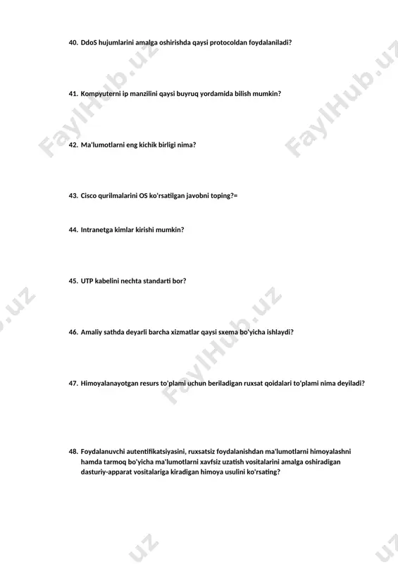 g yagona tarmogʼi. 110. ...- bir ofis, bino ichidagi aloqa tarmogʼi. 111. ...- tarmoq tugunlarining aloqasi yoki joylashishini aks ettiradi. 112. ...- aloqani tashkil etish uchun tarmoqdagi qurilmalarni bogʼlovchi, osi modelining 1-qatlamida (yaʼni, jismoniy (fizik) qatlam) ishlay oluvchi tarmoq qurilmasi. 113. ...- tugunlar kommunikatsiyaning osi modelidagi 2 qatlamda ishlovchi tarmoq qurilmalaridir. «aqlli xab» deb ham yuritiladi. 114. ...- osi modelining 3-qatlamida ishlovchi qurilma boʼlib, bir- biridan mustaqil boʼlgan 2 yoki undan ortiq tarmoqlar oʼrtasidagi aloqani tashkil etadi. 115. chastota kengligi, 250 mgtsgacha, maʼlumot almashish tezligi, 1000 (4j), 10 000 (50m) mbit/sekund, gigabit ethernet kabelь kategoriyasi? 116. ipv6 qachon yaratilgan? 117. tarmoq sathi protokollari berilgan qatorni toping? 118. ...- qoidalar axborotni faqat qonuniy foydalanuvchilar tomonidan “oʼqilishini” taʼminlaydi. 119. ...-ruxsat etilmagan “bajarish” dan himoyalaydi. 120. 192.168.100.13 ip manzil turi va sinfini toping? 121. pochta xodimining xatlarni noqonuniy oʼqishi qaysi xavf-xatar turiga kiradi? 122. firewall butun tarmoq trafigini bloklab qoʼyishi qaysi xavf-xatar turiga …