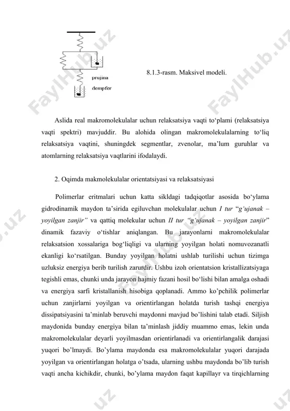 ekulalar yoyilib orientitlangan holatga o’tishi yoyilganganlik darajasi β = h/l va orientatsiya faktorini β = ((n/(n()0,5 bitta ko’rchatgich sifatida qaralishiga imkon beradi, ya’ni β ≈ β dan h/l ≈ ((n/(n()0,5 (2.1) bu yerda h/l - zanjir uchlari orasidagi masofani (h) kontur uzunligiga (l) nisbati bo’lib, u qo’sh nurni sinish miqdorlari nisbatiga (n/(n( proporsionaldir. bunda (n ( (((/2(d - qo’sh nur sinishining o‘lchanadigan miqdori, unda (( - oddiy va g‘ayri oddiy nurlar orasidagi fazalar farqi, d - anizotrop soha qalinligi; ( = 0,56*10-4 sm - monoxromatik nur uzunligi. (n( - qo‘sh nur sinishining maksimal mumkin bo‘lgan miqdorini peterlin formulasi bo‘yicha hisoblash mumkin: (n( ( 2( (n2 + 2)2(9n)-1 (a1 - a2) n' (2.2) bunda n - eritmani sindirish ko‘rsatgichi; n'=nac/mo - elementar zvenolarni konsentratsiyasi c bo‘lgan element hajmdagi soni (qattiq fazali polimer uchun c o‘rniga uning zichligi ( olinadi); (a1 - a2) - elementar zvenoni optik anizotropiyasi. odatda, (f va (p …