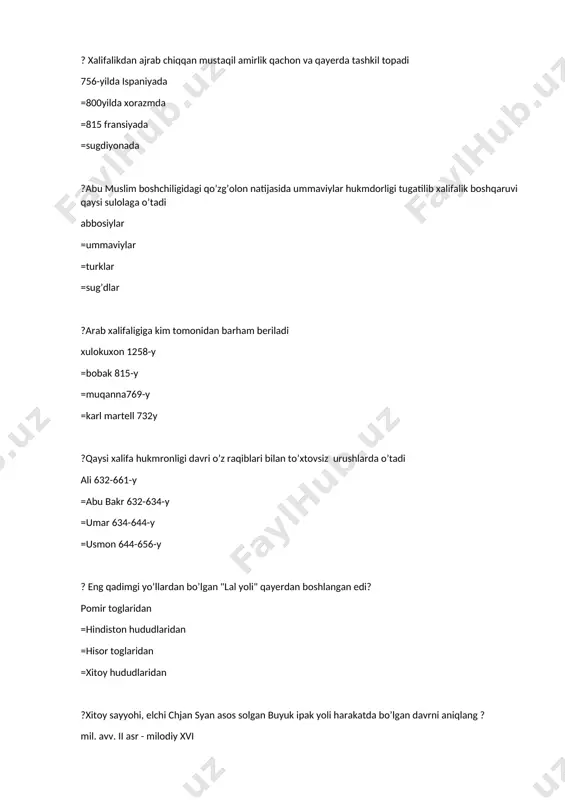 qarshi urushni to’xtatishini =qirolning xohish irodasiga bo'ynmishini =filip iv ning cherkovdan xoli bo'lishini =papa ishlariga aralashmaslini ?fransiya qiroli filipp ivning yashagan yillarini aniqlang? 1285-1314-y =1285-1375-y =1294-1345-y =1269-1370-y ?slavyanlar yashagan hududdagi ilk davlat qaysi bo’lgan? bolgariya podsholigi =polsha davlati =kiyev knyazi =chexiya davlati ?bolgariya qaysi davlat tomonidan bosib olingan ? vizantiya =kiyev rusi =germaniya =arab xalifaligi ?tug'luq temur kimni movarounnahrning hukumdori etib tayinlab, mo'g'ulistonga qayib ketadi? ilyosxo'ja. =murodxo’ja =tohirxo'ja. =yunusxo’ja ?xiv asrda mo'g'ullar zulmiga qarshi “sarbador1ar harakati” deb nomlangan xalq qo'zg'oloni qayerda bo’il o’tgan ? eron va o'rta osiyo =sharqiy turkiston va movarounnar =eron va o'rta sharq =iroq va o'rta osiyo ?afrika mamlakatlari qachondan boshlab boshlab islom dini va madaniyati ta'siri ostida rivojlandi? vii asrdan =viii asrdan =ix asrdan =vi asrdan ?qachon yevropa davlatlari turkiyaga qarshi "muqaddas liga" tuzadilar 1684 =1696 =1616 =1678 ?arablar tarixi necha davrga bolingan 3 =4 =2 =5 ?717-718 yillarda arablar qayerni 1-yil davomida qamal qilib turgan …