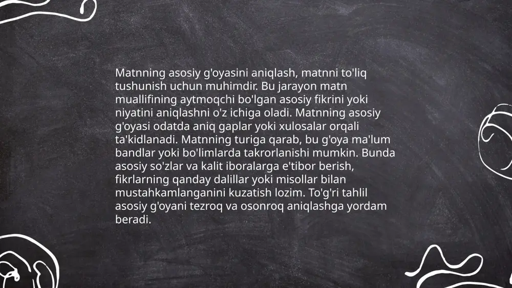tasvirlar borligini anglash, o'qish mahoratining muhim qismidir. bu ko'nikma bolalarda tasavvur qilish qobiliyatini rivojlantirib, ularni matnning konteksti va mazmunini chuqurroq tushunishga yordam beradi. bu jarayonda o'quvchilar katta diqqat e'tibor bilan o'qib, muhim detallarni ajratib olishadi, asosiy g'oyalarni aniqlashadi va qahramonlar bilan bog'liq voqealarni tasvirlaydilar. ushbu ko'nikmani erta yoshdan rivojlantirish tavsiya etiladi, chunki u bolalarning kelajakdagi bilim olish jarayonida muhim ahamiyatga ega. ... t.me/slaydai_bot 10. matnda qo'llanilgan badiiy vositalarni aniqlash 10. matnda qo'llanilgan badiiy vositalarni aniqlash mavzusida asosan adabiyot asarlari tahliliga e'tibor beriladi. badiiy vositalar – bu yozuvchi yoki shoirning tilga kiritgan maxsus usullari bo‘lib, asarning ta'sirchanligini oshiradi. ularga metafora (o‘xshatish), tashbeh, personifikatsiya (jonlantirish), epitet (aniq tavsiflovchi so‘z), aliteratsiya (undoshlarning takrori), assonans (unlilarning takrori), ironya, sarkazm kabi vositalar kiradi. bu vositalar yozuvchining fikrini aniqlash va qimmatini oshirishda muhimdir. matnda ular qanday ishlatilganini aniqlash asar mazmuni va stilistik xususiyatlarni to‘g‘ri tushunishga yordam beradi. ... t.me/slaydai_bot "11. matn asosida mustaqil fikr bildirish" mavzusi …