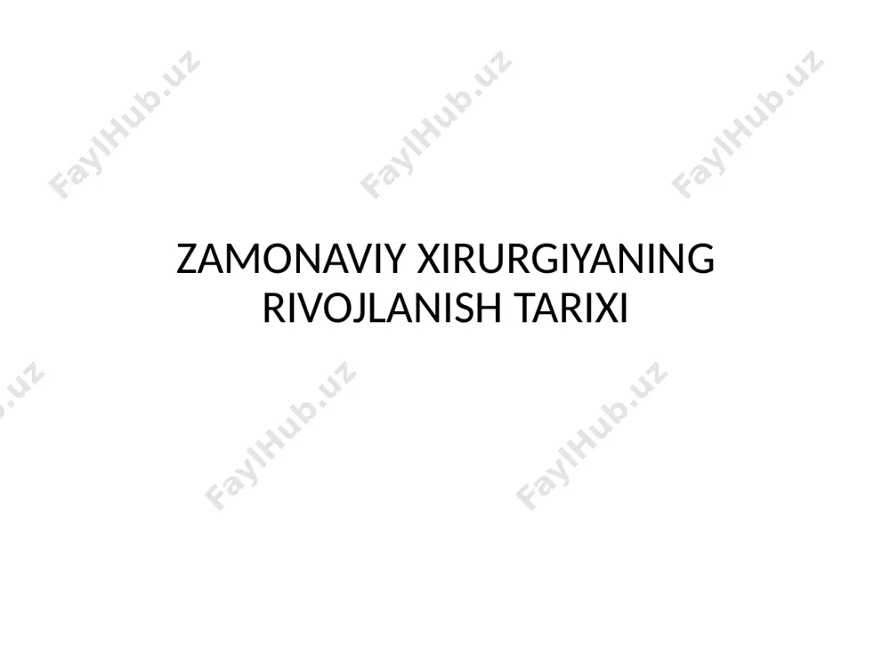 davolash uchun biriktiruvchi va kimyoviy moddalar uilyam garvey (1578-1657) – qon aylanish qonunlarini kashf qilish buyuk kashfiyotlar davri (19-asr oxiri - 20-asr boshlari) aseptika, antisepsis ta'limoti (jozef lister, 1867) anesteziyaning kashfiyoti (w. morton, jekson, 10/16/1846) qon guruhlari va qon quyishning kashfiyoti (k. landshtayner, 1901; ya. yanskiy, 1907; a. wiener, 1940). fiziologik davr (xx asr jarrohlik) shoshilinch jarrohlik va rejalashtirilgan oshqozon-ichak trakti rekonstruktiv jarrohlik, qizilo'ngach, qalqonsimon bez jarrohligi t. kocher, ts. ru (shvetsiya), s. s. yudin (sssr) qon tomir jarrohligi, mikroxirurgiya r. leriche, a. karrel (frantsuz) yurak-qon tomir jarrohligi, transplantologiya v. mayo (aqsh), c. bernard (janubiy afrika), shumakov (rf) o’zbekistonda xirurgiyaning rivojlanishiga hissa qo’shgan olimlar. pyotr fokich borovskiy (1863-1932) - rus, sovet jarrohi. o'zbekistonda sog'liqni saqlash tashkilotchilaridan biri. mehnat qahramoni (1927). sitkovskiy pyotr porfiryevich (1882-1933) - sovet jarrohi astrov mixail sergeevich (1882-1957.23.4.) o’.o. oripov v.v. vohidov sh.i. karimov f.g. nazirov yuqori texnologiya davri (xx asr oxiri - hozirgi kungacha) diagnostika ultratovush, …