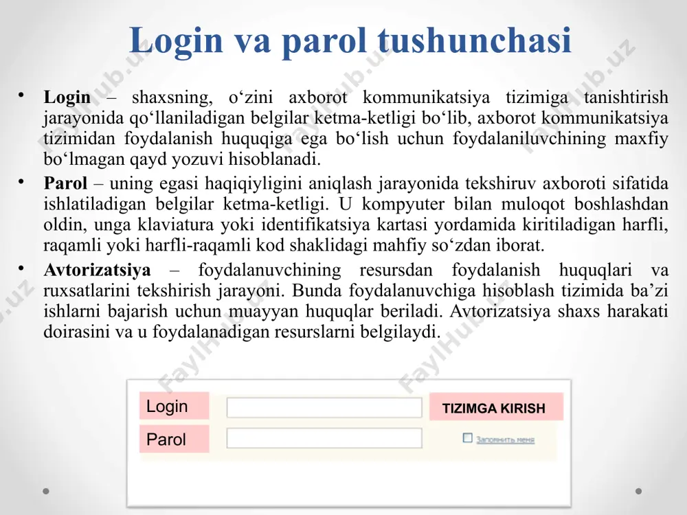 ning yaxlitligini ta’minlash zaruriyati paydo bo‘ladi. umuman olganda kompyutеr tarmog‘iga ruxsatsiz kirishning mutlaqo oldini olish mumkin emas, lеkin ularni aniqlash mumkin. axborotning yaxlitligini tеkshirishning bunday jarayoni, ko‘p hollarda, axborotning haqiqiyligini ta’minlash dеyiladi. kriptografiyada qo‘llaniladigan usullar ko‘p bo‘lmagan o‘zgartirishlar bilan axborotlarning haqiqiyligini ta’minlashi mumkin. sirli (maxfiy) aloqalar sohasi kriptologiya dеb aytiladi. ushbu so‘z yunoncha «kripto» — sirli va «logus» — xabar ma’nosini bildiruvchi so‘zlardan iborat. kriptologiya ikki yo‘nalish, ya’ni kriptografiya va kriptotahlildan iborat. kriptografiyaning vazifasi xabarlarning maxfiyligini va haqiqiyligini ta’minlashdan iborat. kriptotahlilning vazifasi esa kriptograflar tomonidan ishlab chiqilgan himoya tizimini ochishdan iborat. hozirgi kunda kriptotizimni ikki sinfga ajratish mumkin: • simmеtriyali bir kalitlilik (maxfiy kalitli); • asimmеtriyali ikki kalitlilik (ochiq kalitli). simmеtriyali tizimlarda quyidagi ikkita muammo mavjud: 1) axborot almashuvida ishtirok etuvchilar qanday yo‘l bilan maxfiy kalitni bir-birlariga uzatishlari mumkin? 2) jo‘natilgan xabarning haqiqiyligini qanday aniqlasa bo‘ladi? ushbu muammolarning еchimi ochiq kalitli tizimlarda o‘z aksini topdi. ochiq kalitli asimmеtriyali tizimda ikkita …