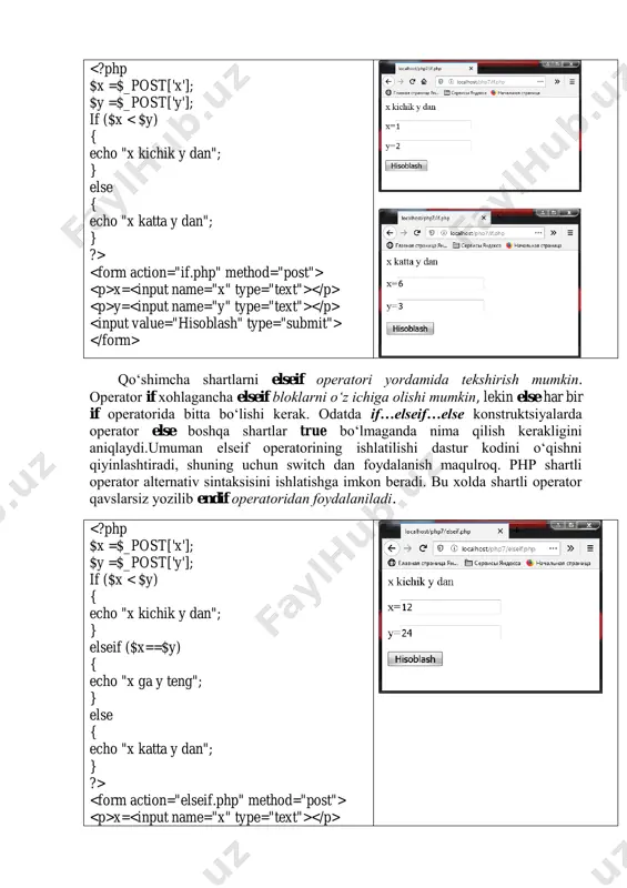 nchi darajasi oldidagi koeffisient; c – ozod had. topiladigan natija – x1 va x2 tеnglama ildizlari. buyruqlar: diskriminantni hisoblash formulasi: d=b 2 -4ac agar diskirminant natijasi noldan katta bo’lsa, u xolda quyidagi formula bilan tеnglama ildizlari topiladi: a db x 2 1   ; a db x 2 2   agar diskеrminant natijasi nolga tеng bo‘lsa, u xolda quyidagi formula bilan tеnglama ildizlari topiladi: a b x 2 1   agar diskеrminant natijasi noldan kichik bo’lsa, bu tеnglamaning haqiqiy ildizi yo‘qligini bildiradi. 0) { $x1=(-$b-sqrt($d))/(2*$a); $x2=(-$b+sqrt($d))/(2*$a); echo " x1= $x1 x2= $x2"; } elseif ($d==0) { $x1=-$b/(2*$a); echo " tenglama bitta ildizga ega x1= $x1"; } else { echo " diskreminant 0 dan kichik echim mavjud emas! "; } ?> a= b= c= 2.2-masala. ikki butun musbat son m va n larning eng katta umumiy bo‘luvchisi (ekub) ni aniqlang. $y) $x=$x-$y; if ($x birinchi son: m= ikkinchi …