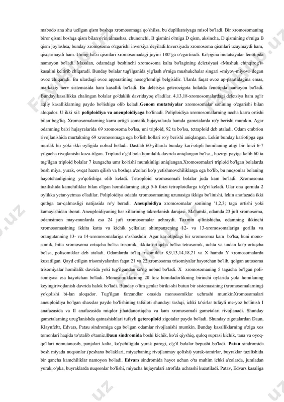 ataladi. fenotipik o'zgaruvchanlikning ikkinchi xili ontogenetik o'zgaruvchanlikdir. har bir tirik mav-judot, shu qa.tori odamning ham umr davomida irsiyatining moddiy asoslari bo'lmish xromosomalari, genlari deyarli doimiy bo'ladi. shunga qaramay uning fenotipik — tashqi qiyofasi taraqqiyotining turli bosqichida turlicha bo'ladi. buni biz har bir odamning bog'chagacha, bog'cha, boshlang'ich maktab, o'rta maktab va undan keyingi hayoti davomida olingan rasmlarini o'zaro taqqoslaganda yaqqol ko'rishimiz mumkin. odamning har xil yoshda turlicha fenotipga ega bo'lishi, hujayraning morfogenezi va tabaqalanishi bilan uzviy aloqa-dor. bunday yoshga bog'liq o'zgarishlar ontogenetik o'zgarishlardir. o'zgaruvchanlikning yana bir xili genotipik o'zgaruvchanlik haqida mushohada yuritamiz,genotipik o'zgaruvchanlik. genotipik o'zgaruvchanlik organizm genotipining o'zgarishi bilan aloqador. shu tufayli u avloddan-avlodga beriladi. genotipik o'zgaruvchanlik kombinativ va mutatsion o'zgaruv-chanlikka bo'linadi. kombinativ o'zgaruvchanlik ota-ona ga-metalarining'qo'shilishidan yuzaga keladi. ota-ona gametalarning qo'shilishi natijasida xromosomalar va genlar to'plamining turli xil kombinatsiyalari hosil bo'ladi. odamlarda erkak va ayol gametalarining qo'shilish kombinatsiyalari 2 ga tengdir. krossingover oqibatida xromosomalardagi genlar birikishining yangi xillarining paydo bo'lishi kombinativ …