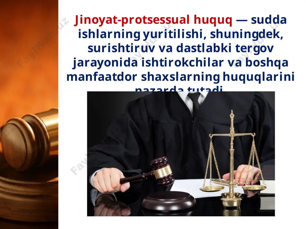 elgilangan tartibi qonuniylikni mustahkamlashga, jinoyatlarning oldini olishga, shaxs, davlat va jamiyat manfaatlarini himoya etishga yordam qilmog‘i lozim. jinoyat protsessi — protsess ishtirokchilarining muayyan jinoyat protsessual faoliyati hamda shu faoliyatga tegishli bo‘lgan huquqiy munosabatlar tizimini tashkil qiladi. jinoyat protsessining ajralmas xususiyatini uning huquqiy tabiati — mazkur faoliyat va tegishli ijtimoiy munosabatlarning qonun jihatdan qat’iy tartibga solishi tashkil etadi. savol va topshiriqlar: 1. voqea ishtirokchilariga o‘z munosabatingizni bildiring. 2. sh. ismli shaxsni jinoyatchi deyish mumkinmi? 3. oq rangli «lasetti» haydovchisini-chi? 4. vrach to‘g‘ri ish qildimi? 5. bu yerda aybsizlik prezumpsiyasi buzilganmi? fikringizni asoslang. image1.jpg image2.jpeg image3.jpeg image4.jpeg image5.jpeg image6.jpeg image7.jpeg image8.jpeg image9.png image10.jpg image11.jpeg image12.jpeg image13.gif image14.jpeg