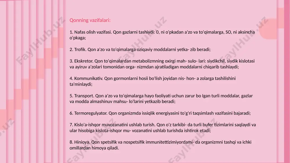 asini to'g'ri taqsimlash vazifasini bajaradi; 7. kislo'a-ishqor muvozanatini ushlab turish. qon o'z tarkibi- da turli bufer tizimlarini saqlaydi va ular hisobiga kislota-ishqor mu- vozanatini ushlab turishda ishtirok etadi; 8. hinioya. qon spetsifik va nospetsifik immunitettizimiyordami- da organizmni tashqi va ichki omillardan himoya qiladi. qon biokimyosi qon kimyoviy moddalaming tashilishini amalga oshiruvchi, qon tomirlari orqali yopiq tizimda harakat qiluvchi, harakatchan suyuq to'qima bo'lib, u tufayli turli to'qimalar va hujayralararo bo'shliqda metabolik jarayonlar nazorat qilinadi. qon organizmda turli vazifalarni bajaradi. qonning vazifalari: 1. nafas olish vazifasi. qon gazlarni tashiydi: 0, ni o'pkadan a'zo va to'qimalarga, so, ni aksincha o'pkaga; 2. trofik. qon a'zo va to'qimalarga oziqaviy moddalarni yetka- zib beradi; 3. ekskretor. qon to'qimalardan metabolizmning oxirgi mah- sulo- lari: siydikchil, siydik kislotasi va ayiruv a'zolari tomonidan orga- nizmdan ajratiladigan moddalarni chiqarib tashlaydi; 4. kommunikativ. qon gormonlarni hosii bo'lish joyidan nis- hon- a zolarga tashilishini ta'minlaydi; 5. transport. qon a'zo va to'qimalarga hayo …