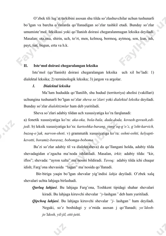 loya, taqsir, gulbo’ta, bargi bodom (kulolchilik); zehdo’zlik, piltakach, yo’rmado’zlik, bichiqchi, tarhkash(kashtachilik) kabi. b) ilmiy terminlar. har bir fan o’ziga xos terminga ega. tilshunoslikda: fonema, fonetika, ega, kesim; matematikada: kub, kvadrat, plyus. 3. jargon va argolar ma’lum tabaqa (sinf) vakillari nutqida qo’llanadigan so’zlar jargonlar deyiladi. masalan, shoe’ qiling-bildiring, tanzil-foyda. argolar qiziqishlari, mashg’ulotlari, yoshlari bir xil bo’lgan ma’lum tor doiradagi guruh vakillari qo’llaydigan so’zlardir. ular umumxalq tiliga oid so’zlarni boshqa ma’noda qo’llashadi. otarchilar, o’g’rilar, savdogarlarning o’z argolari mavjud. masalan, a) otarchilar argosidan; yakan (pul), joyi (yo’q), dah (yaxshi); b) o’g’rilar argosidan: loy(pul), ligavi (milisiya), harif (pul egasi, o’g’rilik ob’ekti); d) savdogarlar argosidan: sar yoki sarpiyoz (ming so’m), kapara (olti ming so’m); e) bezorilar argosidan: zamri (jim tur), hamka (non), deshevka (chaqimchi). bu kabi sinflar, uyushma va to’dalar yo’qolishi bilan argo va jargonlar ham yo’qoladi. emotsional-ekspressivlik jihatdan o’zbek tili leksikasi emotsional-ekspressivlik his-tuyg’u, munosabat ifodalash demakdir. o’zbek tilidagi ba’zi so’zlar so’zlovchining munosabatini ham ifodalaydi, …
