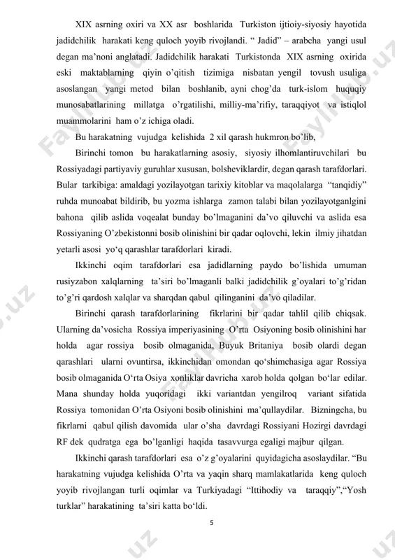 nki, mahalliy xalq tili boshqa, dini, urf-odati boshqa bo‘lgan rusiyzabon millatlarga yotsirab, begonasirab ularni g‘ayridin-kofirlar deb, bosqinchi mustamlakachilar deb qaraganlar. bu siyosiy guruhlarning dasturlari, taktik kurash usullari mahalliy xalq g‘oyasi va saviyasidan yiroq bo‘lgan, ular bu dastur maqsadlar mohiyatini chuqur tushunib yetmaganlar va ularni qabul qilmaganlar. hali oktabr to’ntarishi yuz bermagan 1917-yil yozidayoq bir guruh andijonlik jadidlar bolsheviklar, mensheviklar, eserlarga xat yo’llab, ularning g‘oya va dasturlarini turkiston musulmon xalqi o‘zlariga singdira olmasliklarini bayon qilgan edilar. “ sizning va bizning hayot tarzimiz bir-biriga to‘g‘ri kelmaydi - deyiladi o‘sha xatda. – shuning uchun kelgusi davlatchilik hayotini birdaniga umum bir qolpga solish kerak emas. umum qolip andozani bu yerda qo‘llab bo‘lmay bizda sizning sof ruscha ma’nodagi dehqonlar yo‘q.. g‘arbiy yevropacha fermerlar va ijarachilar yo‘q. bizda erkin dehqon yashaydi. ular hech qachon, hech qanday sharoitda krepostnoy qaramgina emas va balki ijrachi fermer ham bo‘lmagan, erkin mulkdor bo‘lib kelgan. muqaddas islom bizni hech qanday tabaqalarga …