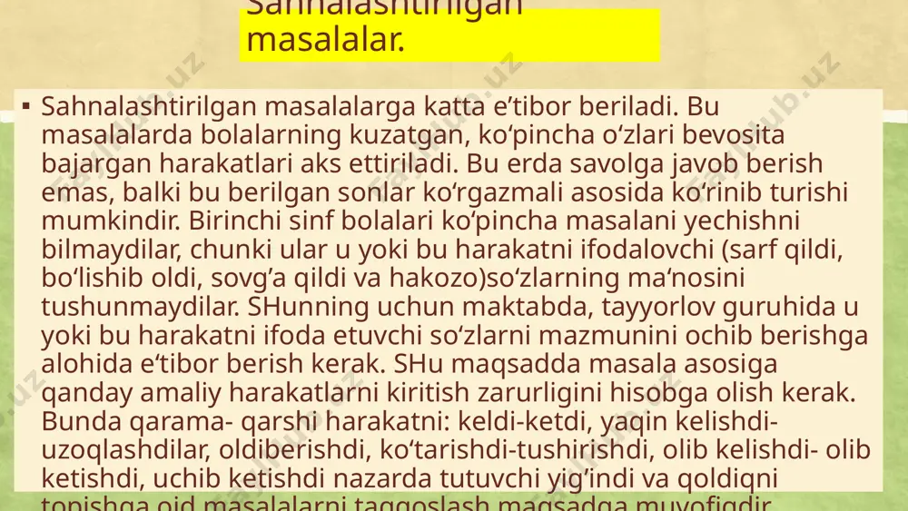 ib qo‘yadilar, va hammasi bo‘lib nechta cho‘p bo‘lganini sanaydilar. so‘ngra masalani yechish uchun 6 ga 3 ni qo‘shish kerkligi va hosil bo‘lgan 9 son bu ikki sonning yig’indini bo‘lishni tushuntiradi. shunga o‘xshash masalalarni ko‘plab echib bolalar qo‘shish amali haqidagi tushunchalarni asta sekin egallab boradilar va uni umumlashtrish asosida qo‘shish uchun ularni birga sanash kerakligini tushunalilar. masalan: amalning noma‘lum kamponentini topishga doir masalani echayotib o‘quvchilar arifmetik amallarning kamponentlari va natijalar orasidagi bog’lanishni ajratish va uni masalalar yechishga qo‘llashga harakat qiladilar. savatda 10 kg olma bor edi. undan 8 kg olmani sotishdi. savatda necha kg olma qoldi? yechish: 10-8=2 kg javob: savatda 2 kg olma qoldi. masalalarni tasvirlash usuli. masaladagi berilgan sonlarning nechtaligini ta‘kidlashga va ular o‘rtasidagi munosabatlarini aniqlay bilish ko‘nikmasini rivojlantirishga imkon beruvchi eng muhim matn usuli-masalani tasvirlashdir. bolalarning narsalarning chizmada tasvirlash usullari bilan tanishishi ham foydalidir. mantiqiy tafakkurni shakllantirish boshlang‘ich sinflar matematika darslarida arifmetik amallarni shakllantirish imkoniyatlaridan foydalanish uchun har …