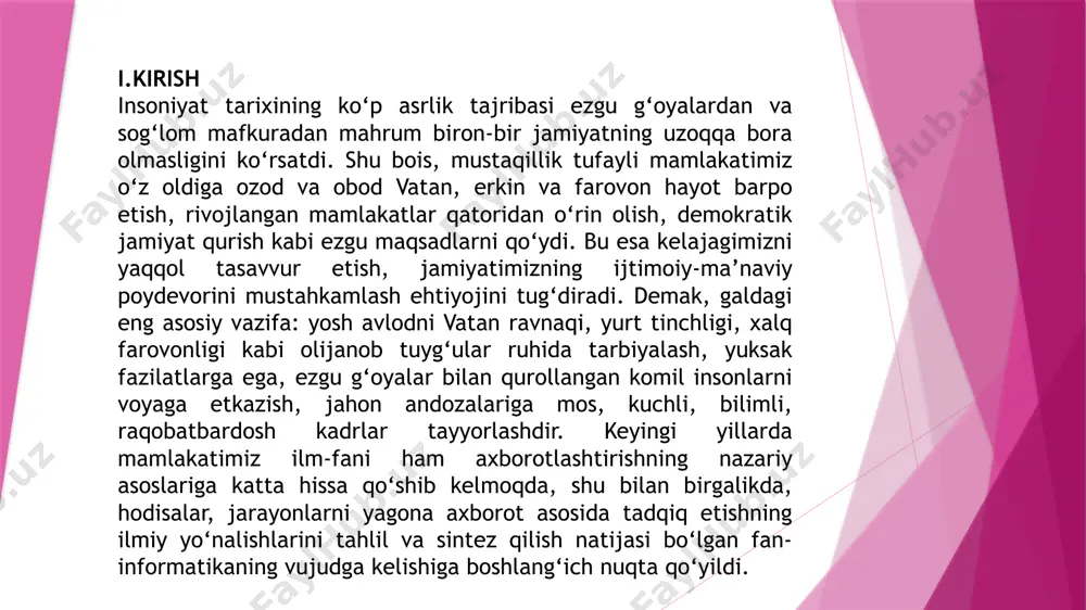 larni qaytarish cut – belgilangan qismni yoki komponentni qirqib , xotirada saqlab turish copy – belgilangan qism yoki komponentaning nusxasini xotirada saqlab turish paste – xotiraga qirqib yoki nusxalab olingan qism yoki komponentani belgilangan yoki ko’rsatilgan joyga qo’yish c# dasturlash tilining sintaksisi. consol rejimi. malumot tiplari. visual studio.net sistemasida dasturni kompilyatsiya qilish va bajarishning bir necha usuli bor. ko’p holllarda dasturchilar dasturni alohida kompilyatsiya qilib bir necha klavishlar kombinatsiyalari orqali ishlatishga o’rganishgan. + + tugmalarini bosish orqali yoki menyuning build tushuntirib berilgan.->build solution qismini tanlash orqali dasturni kompilyatsiya qilish mumkin. alternativ variant sifatida instrumentlar panelidagi build tugmasini bosish ham mumkin. dasturni kompilyatsiya qilmasdan ishlatish uchun + tugmasini yoki menyuning degub->start without debugging qismini tanlash yoki panel instrumentlar qismidagi mos tugmani bosish lozim. c# dasturlash tilida consol rejimida dastur tuzish uchun yangi loyiha yaratamiz(file/new project/visual c#/ console application). ushbu loyihamizning nomini masala 1 deb nomlaymiz. bizga c# kodini yozish uchun yangi …