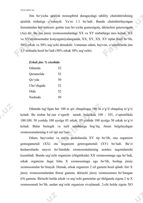 ’ni x xromosoma urg‘ochidan va (nol) jinsiy xromosoma erkak organizmdan qo‘shiladi. bunday zigotadan (xo) erkak organizm rivojlanadi. ba’zi kapalaklar, qushlar va baliqlarda urg‘ochi organizm geteogametali xy, erkak organizm gomogametali ya’ni xx bo‘ladi. bunda xromosomali tuxum hujayradan urg‘ochi (xy) jinsli organizm rivojlanadi. urg‘ochi va erkak jins xromosomalarni bir-biridan farqlash uchun erkak jinsga z , urg‘ochiga w harfi bilan belgilanadi. jinsning yana shunday xili ma’lumki, bunda asalarining urug‘langan tuxum hujayrasidan ona va ishchi asalarilar, urug‘lanmaganidan erkak asalari trutenlar rivojlanadi. urg‘ochi jinsli arida xromosoma diploid – 2n (2n=32), erkagida gaploid -n (n=16) bo‘ladi. urug‘langan tuxum hujayralardan urg‘ochi, urug‘lanmaganidan erkak trutenlar rivojlanib, ular partenogenez yo‘li bilan hosil bo‘ladi. erkak asalarining hayotchan bo‘lishiga jinsi bog‘liq bo‘lmagan (somatik) hujayralarning rivojlanish davrida diploid xromosomalar yig‘indisining tiklanishidir. jinsni aniqlash balansi. ma’lum bo‘lishicha jinsni aniqlash faqat jinsiy xromosomalar emas, balki autosoma xromosomalar kompleksida 8 ta xromosoma (diploid - juft sonda) bo‘ladi. erkak va urg‘ochi pashshaning 3 juft (autosoma) xromosomasi …