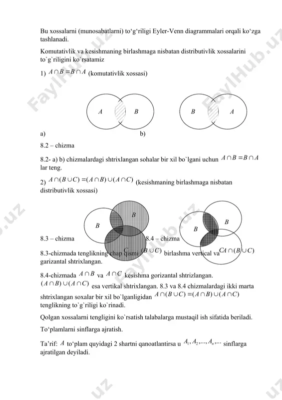 arni sinflarga ajratish. ta’rif: to‘plam quyidagi 2 shartni qanoatlantirsa u sinflarga ajratilgan deyiladi. 1) qism to‘plamlar jufti-jufti bilan o‘zaro kesishmasa, ya’ni , bu yerda va ; 2) qism to‘plamlarning birlashmasi to‘plam bilan mos tushsa ya’ni to‘plamlarni sinflarga ajratish masalasi klassifikatsiya deyiladi. klassifikatsiya – bu sinf ichida ob’ektlarning o‘xshashligi va ularning boshqa sinflardagi ob’ektlardan farq qilishi asosida sinflar bo‘yicha ob’ektlarni ajratish amalidir. agar yuqoridagi shartlardan aqalli bittasi bajarilmasa, klassifikatsiya noto‘g‘ri hisoblanadi. masalan: uchburchaklarning to‘plamini uchta sinfga ajratish mumkin: o‘tkir burchakli, to‘g‘ri burchakli, o‘tmas burchakli uchburchaklar. haqiqatan ham, ajratilgan to‘plam ostilari jufti-jufti bilan kesishmaydi. boshqacha aytganda, birinchidan, o‘tkir burchakli uchburchaklar ichida o‘tmas va to‘g‘ri burchakli uchburchaklar yo‘q, to‘g‘ri burchakli uchburchaklar ichida o‘tkir va o‘tmas burchakli uchburchaklar yo‘q, shuningdek o‘tmas burchakli uchburchaklar ichida o‘tkir va to‘g‘ri burchakli uchburchaklar yo‘q. ikkinchidan, o‘tkir, to‘g‘ri va o‘tmas burchakli uchburchaklar birlashmasi uchburchaklar to‘plami to‘plam bilan mos tushadi. to‘plamlarni sinflarga ajratishda sinflar soni chekli yoki cheksiz bo‘lishi mumkin. …