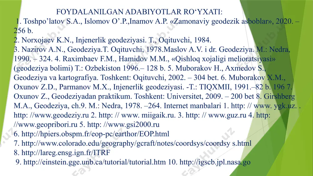 ) ma’lum bo‘lgan nuqtalar massivi deb tassavur qilib, uni raqamli modelini yaratishga imkon beradi. bugungi kunda lazerli skanerlash geodezik s`yomka qilishning eng tezkor, va aniq usuli hisoblanadi. uchish-qo‘nish yo‘lagi va yo‘lning tekisligini aniqlash uchun qo‘l lazerli 3d skaner ishlatiladi. 3d printer ‒ bu virtual 3d model asosida hajmli ob`yektni yaratadigan qurilma hisoblanadi. ma’lumotni qog‘ozga chiqaradigan oddiy printerdan farqli o‘laroq, 3d printer 3d ma’lumotni chiqarishga imkon beradi, ya’ni ular ma’lum jismoniy ob`yektlarni yaratadilar. muhandislik inshootlarini qurish va ularni ekspluatatsiyasi: qurilgan ob`yektlarning geometrik parametrlari va ushbu ob`yektlar uchun loyihaviy hujjatlarining muvofiqligini nazorat qilish; qurilish jarayonida va tugagandan so‘ng ijroiy s`yomka qilish; qurilish jarayonida loyihaga tuzatma kiritish; ekspluatatsiya qilinadigan inshootlar va sanoat qurilmalarining geometrik parametrlarining o‘zgarishini monitoring qilish; inshootlar va jihozlarning harakatlanishi va o‘rnatilishini optimal rejalashtirish va nazorat qilish; bosh rejani yangilash va mavjud ob`yektning yo‘qolgan qurilish hujjatlarini tiklash. yer usti lazerli skanerlashni qo‘llash sohalari arxitektura: tarixiy va ma’daniy ahamiyatiga ega yodgorliklar va …