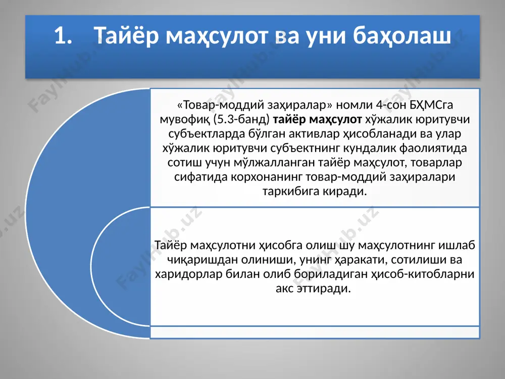 н ишлар ва кўрсатилган хизматларнинг таннархи» ҳисобварағларининг дебетида акс эттирилади. ҳисобот даврининг охирида 9110 «сотилган тайёр махсулотнинг таннархи» 9120 «сотилган товарларнинг таннархи» 9130 «бажарган ишлар ва кўрсатилган хизматларнинг таннархи» ҳисобварағлари 9910 «якуний молиявий натижа» харидоларга маҳсулот юклаб жўнатилган пайтда ҳисоблаш усули билан қуйидаги бухгалтерия ёзувлари амалга оширилади: 1) сотилган маҳсулотнинг ҳақиқий ишлаб чиқариш таннархига: 2) савдода юклаб жўнатилган маҳсулотларнинг ҳақиқий таннархига: 3) бажарилган ишлар, кўрсатилган хизматларнинг хақиқий таннархига: 4) ҳисобот даврининг охирида сотилган маҳсулотлар, товарлар, ишлар ва хизматлар таннархини ҳисобга олувчи счётлар 9910 «якуний молиявий натижа» счётига қуйидаги ўтказмалар билан ёпилади: дт 9130 кт 2010 дт 9910 кт 9110 9120 9130 дт 9110 кт 2810 дт 9120 кт 2910 жорий ҳисобда юклаб жўнатилган тайёр маҳсулотлар ҳисоб (режадаги ёки сотиш) нархларида расмийлашгирилади. чунки юклаб жўнатиш пайтида унинг хақиуий таннархи номаълум бўлади. ой охирида юклаб жўнатилган маҳсулотнинг ҳауиуий таннархи ва унинг ҳисоб нархлари билан фарқи аниқланади. мисол. юклаб жўнатилган маҳсулотнинг ҳақиқий таннархини …
