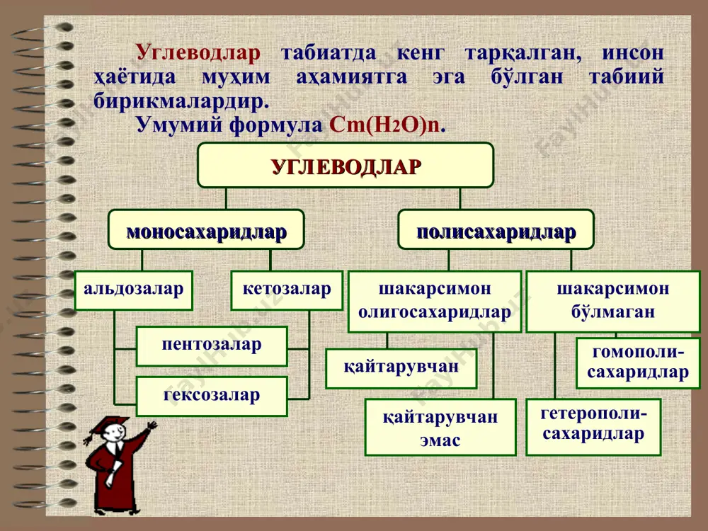 к-та кетогексозалар юмшоқ шароитда оксидланмайди 2. қайтарилиш реакциялари. ксилоза → ксилит (e967) 3. озазонларни ҳосил бўлиши. 4. нуклеофил бирикиш ва бирикиш-ажралиш реакциялари. 5. эпимерланиш. 6. гликозидларнинг ҳосил бўлиши. d-глюкопираноза o-метил-b-d-глюко- o-метил-a-d- пиранозид глюкопиранозид d-глюкопираноза о-пентаметил- d-глюкопиранозид 6. ациллаш реакцияси. d-глюкопираноза о-пентаацетил- d-глюкопиранозид 7. спирт гидроксили бўйича реакциялари. кўк рангли мис сахарати 7. глюкозанинг парчаланиш реакциялари. с6н12о6 → 2сн3-сн2он + 2со2↑ этил спирт с6н12о6 → 2сн3-снон –соон сут кислота с6н12о6 → с3н7соон + 2н2↑ + 2со2↑ мой кислота айрим намоёндалари пентозалар с5н10с5 умумий формулага эга бўлган моносахаридлардир. пентозалар табиатда полисахаридлар кўринишида ўсимликлар оламида кенг тарқалган. бундай полисахаридларни пентозанлар дейилади, пентозанларни суюлтирилган кислоталар таъсирида гидролизланса пентозалар ҳосил бўлади. вакиллари: 1. ксилоза 2. арабиноза 3. рибоза пентозаларнинг ҳаммаси альдипентозалардир. пентозалар гексозаларнинг деярли ҳамма хижиявий хоссаларини қайтаради, пенто залар гексозалардан бижгишп процессига кирншмаслиги ва кислотали мухитда осонинг билан 3 молекула сув ажралиб, фурфурол ўтиши билан фарқ қилади. фурфурол d-ксилоза d-ксилофураноза c c h o …