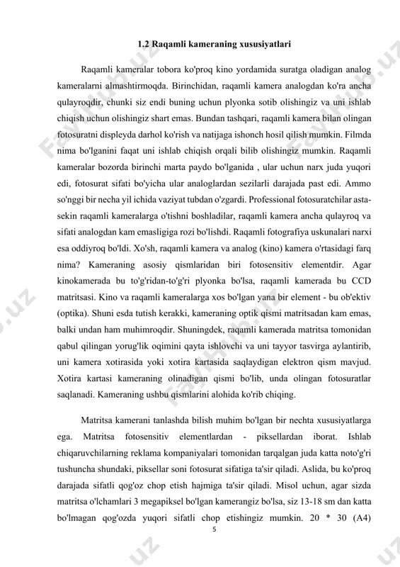 i boshlaydi. matritsaning jismoniy o'lchami fotosuratdagi shovqin miqdoriga ta'sir qiladi. kamera ishlab chiqaruvchisi matritsaning o'lchamlarini (megapiksellar sonini) oshirib, matritsaning jismoniy hajmini bir xil qoldirganda, shovqin miqdori ortadi. shu sababli, 1/2,5 dyuymli sensorli 7 megapikselli kamera bir xil jismoniy sensor o'lchamiga ega bo'lgan 5 megapikselli kameraga qaraganda ancha ko'proq shovqinga ega bo'ladi. ikkinchi juda muhim qism - iste'molchilar uchun muhim bo'lgan turli xil xususiyatlarga ega bo'lgan optika. ob'ektivda "3x optik zum 7,4-22,2 mm 1: 2,8-4,7" deb aytilgan bo'lsa, bu kamerada (ob'ektivda) borligini anglatadi: yaqindan olingan fotosurat. optik zoom qanchalik katta bo'lsa, mavzuni shunchalik kattalashtirishingiz mumkin. deyarli har qanday raqamli kamera optik zoomga qo'shimcha ravishda raqamli zumga ega. ammo shuni yodda tutish kerakki, raqamli zum juda sezilarli sifat yo'qotilishi bilan ishlaydi, optik zoom esa zarar ko'rmaydi. kattalashtirishning ushbu belgisi ishlab chiqaruvchi tomonidan qulaylik uchun yaratilgan; printsipial jihatdan, bu ko'rsatkich durbin zoomining kattalashtirishiga teng deb hisoblanmasligi kerak. keyin linzalarning minimal va maksimal fokus …