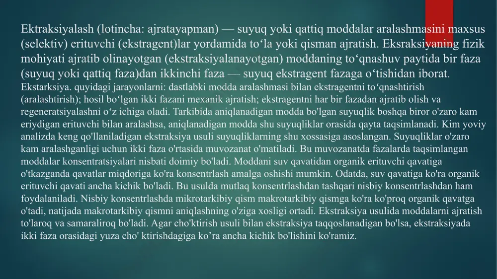 usul yordamida aniqlanadi. 2. estraksion - fotometrik usulda organik fazaga ekstraksiya tufayli o‘tgan modda rangli bo'lsa, u shu rangning intensivligi asosida aniqlanadi. agar ekstrakt rangsizboisa, uni rangli ko‘rinishga o‘tkazish uchun fotometrik reaktiv qo'shiladi. 3. ekstraksion - atom-absorbsion usulda ekstrakt alangaga purkaladi, alangada tekshiriladigan moddaning atomlari hosil bo’lib, aniqlash atomlaming yutishi asosida o‘tkaziladi. 4. ekstraksion - neytron-aktivasion usulda ekstraktda bo’lgan element neytronlar dastasi bilan nurlantirilib, hosil bo‘lgan radioaktiv nurlanishning intensivligi o’lchanadi. 5. ekstraksion - spektral usulda ekstrakt alangaga purkaladi yoki qo‘zg‘atish manbasiga o'rnatilib, undagi elementning spektri o‘rganiladi. 6. ektraksion - polyarografik usulda ekstrakt elektrolitik bo‘g‘inga joylanib, uning tarkibidagi moddaning polyarogrammasi tushiriladi va tushirilgan polyarogramma o‘rganiladi. yuzaning katta bo'lganligi tufayli cho'ktirishda birgalashib cho'kish (adsorbsiya) kuzatiladi. ekstraksiya usulida ham birgalashib cho'kishdagi singari birga ekstraksiyalanish kuzatilishi mumkin. bunda organik fazaga ekstraksiya tufayli o'tayotgan modda bilan shu fazada erimaydigan modda birga bo'lganida o'tishi mumkin. biroq ekstraksion sistemalar to'g'ri tanlansa, bunday hodisalar kam uchraydi. ekstraksiya usuli …