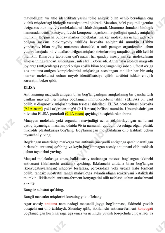t boshqa potentsial aralashuvchi organizmlar yoki moddalar mavjud bo'lganda ham maqsadli organizm yoki molekulaning juda oz miqdorini aniqlashi kerakligini anglatadi. sinovni muntazam ravishda samarali va arzon o'tkazish uchun oddiylik talab qilinadi. hisob-kitoblarga ko'ra, 1999 yilda butun dunyo bo'ylab immunodiagnostika vositalarining savdosi taxminan 7,7 milliard dollarni tashkil etgan va bu ko'rsatkich yiliga 5-10 foizga o'sishda davom etmoqda. dnkga asoslangan diagnostika muolajalari bozori 1999 yilda 500 million dollar atrofida bo'lgan va yiliga 20-30 foizga o'sib bormoqda, shuning uchun 2004 yilda u taxminan 2 milliard dollarni tashkil etdi. ushbu bobda ushbu molekulyar diagnostika protseduralarining ba'zilari ortidagi tamoyillar va turli xil ilovalar uchun ushbu protseduralardan foydalanish ko'rib chiqiladi. immunologik diagnostika protseduralari ko'pgina immunologik aniqlash usullari sezgir, o'ziga xos va sodda. ular dori vositalarini tekshirish, turli xil saraton kasalliklarini baholash va monitoring qilish, o'ziga xos metabolitlarni aniqlash, patogen identifikatsiya qilish va yuqumli agentlarni kuzatish kabi keng ko'lamli ilovalar uchun ishlatilishi mumkin. biroq, cheklovlar mavjud. misol …
