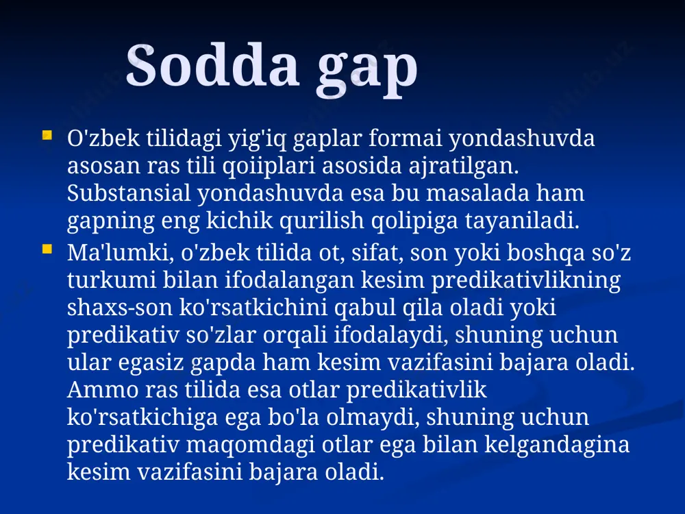 lit a'zo sifatida gap struktur qolipiga bevosita (uyushiq kesim, ega, hoi) yoki bilvosita (to'ldiruvchi, aniqlovchi va boshqa so'z kengaytiruvchisi) daxldor bo'ladi. tenglanish qatoridagi so'zshakllar sintaktik jihatdan bir xil mavqega ega bo'lmasligi ham mumkin. ya'ni ular bir hokim uzvga tobelanishsa va o'zaro teng aloqaga kirishishsa-da, sintaktik vazifa jihatdan farqlanadi. masalan: har joyda va har kimga sen haqingda gapirdim. adabiyotlar ro`yхati: 1. abdullayeva d.a. semantik-sinlaklik valcntlik va o'zga gapli qurilmalar: filol. fan. nomz.... diss, avtoref. -samarqand, 2002. 2. abdurahmonov. o'zbek tili grammatikasi. - t.: o'qituvchi, 1996. 3. abuzalova m. o'zbek tilida sodda gapning eng kichik qurilish qolipi va uning nutqda voqelanishi: filol. fan. nomz.... diss. -t., 1994. 4. akramov sh. o'zbek tilining gap qurilishida to'ldiruvchi va hol [wpm] valentligi asosida: filol. fan. nomz.... diss, avtoref. -t., 1997. 5. bashmanov m. o'zbek tilining gap bo'laklarini «til-nutq» dixotomik bo'linishida o'rganish. til sathi: filol. fan. nomz.... diss, avtoref. -t., 1991. 6. bobokalonov r. o'zbek tilida …