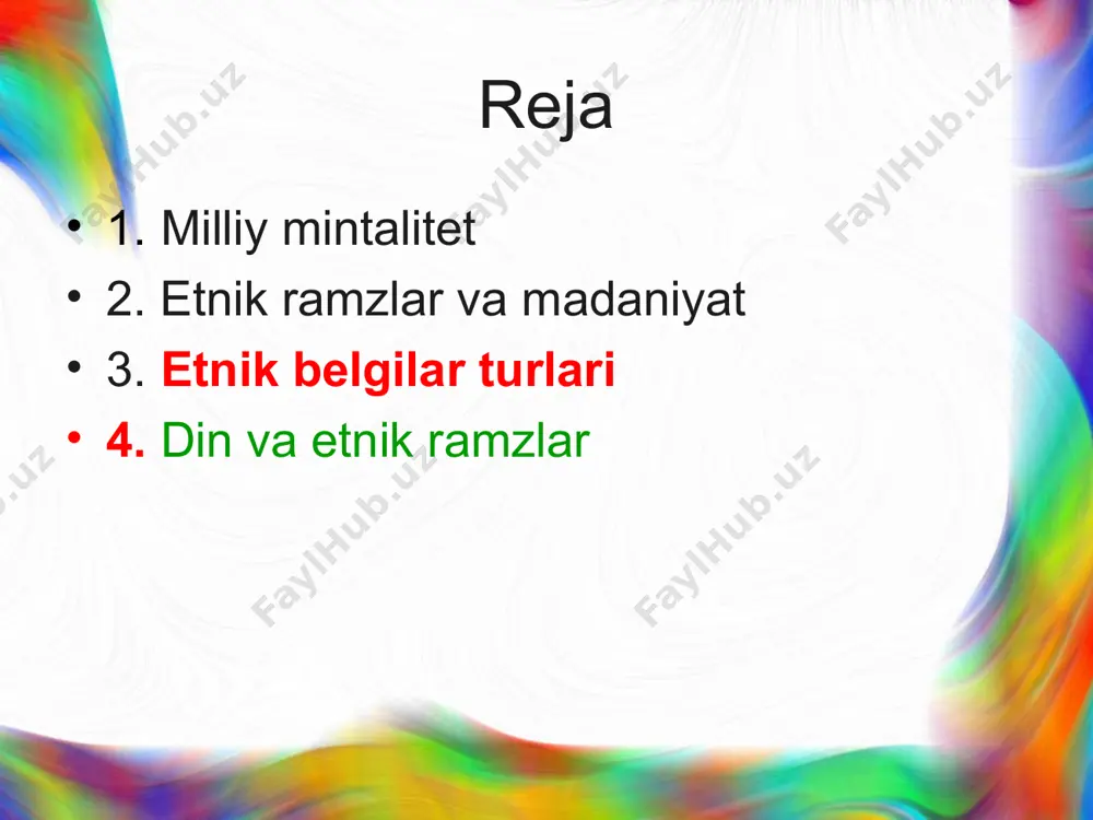 ususiyatlarga ega bo'lishi kerak. har bir milliy (etnik) ramz bu etnik guruhning ruhiy omborining ma'lum bir qismining zichlashidir. etnik belgilar tizimi = milliy xarakterning ma'lum bir qismi uchun kodlash tizimi. kodlash tizimining xususiyatlari u quyultirilgan va foydalanish uchun qulay shaklda keng psixologik ma'lumotlarni kodlaydi. bunday kodlash yordamida bizning fikrlashimiz ancha tejamkor bo'ladi. etnik belgilar bir-birlariga umuman yoki muayyan vaziyatlarda gaplashishga to'g'ri kelmaydigan yoki qulay bo'lmagan ma'lumot va his-tuyg'ularni so'zlarsiz etkazishga imkon beradi. belgilarni o'zgartirish va yaratish etnoslar ramzlarni almashtiradilar, ularni bir-biridan qabul qiladilar, yangi ramzlar yaratadilar.agar yangi ramz yaratilsa, quyidagilarni bilib olishingiz kerak:bu millatning ruhiy omboriga qanchalik mos keladi.mavjud belgilar tizimiga tabiiy va mos ravishda qo'shiladimi?etnosning rivojlanishining muayyan bosqichida uning ramzlari uning madaniyatining quyi tizimiga aylangan tizimdir. etnik belgilarning butun tizimi kichik guruhlarga bo'linadi.xuddi shu funktsional qiymatdan kelib chiqqan holda, tarixiy jihatdan turli manbalardan kelib chiqqan belgilar guruhlari bo'lishi mumkin. etnik belgilar turlari kelib chiqish mezonlari bo'yicha belgilar turlari (nalchajyan …
