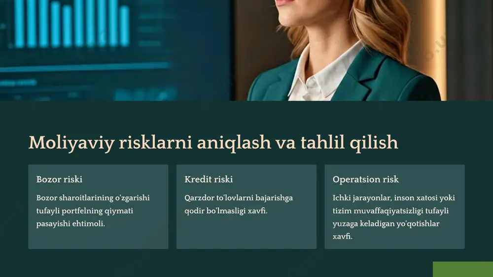qarish xavflarni kamaytirish yoki yo'q qilish bo'yicha choralarni amalga oshirish. 4 riskni monitoringi risklarning o'zgarishini kuzatib borish. 8 moliyaviy injiniringdagi yangi tendensiyalar suniy intellekt xavflarni bashorat qilish va tahlil qilish uchun algoritmlardan foydalanish. blockchain moliyaviy operatsiyalar xavfsizligini oshirish. bulutli texnologiyalar ma'lumotlarni saqlash va tahlil qilish uchun bulutli xizmatlardan foydalanish. 9 xulosa: samarali risklarni boshqarish samarali risklarni boshqarish moliyaviy barqarorlikka erishish, biznesni rivojlantirish va investorlarning qiziqishini oshirish uchun muhimdir. bu moliyaviy injiniringning asosiy tarkibiy qismi hisoblanadi. 10 e'tiboringiz uchun rahmat image1.png image2.png image3.png image4.png image5.png image6.png image7.png image8.png image9.png image10.png image11.png image12.png image13.png image14.png image15.png image16.png