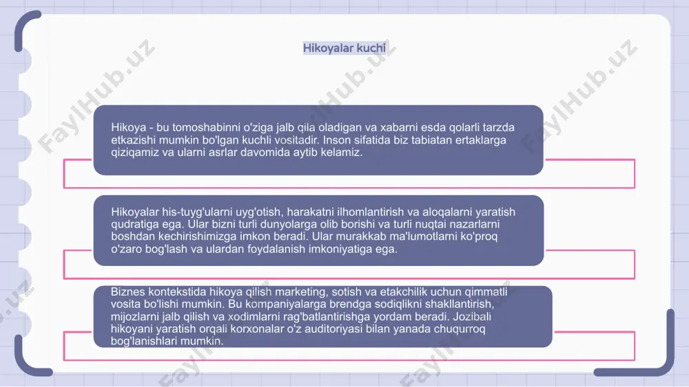 his-tuyg'ularni, g'oyalarni va universal mavzularni etkazishlari mumkin. ehtiyotkorlik bilan yaratilgan hikoyalar tomoshabinlarni turli olamlarga olib borishi va mazmunli aloqalarni yaratishi mumkin. adabiyotda hikoya qilish adabiyotda hikoya qilish o'quvchilarni qiziqtirish va jalb qilishning kuchli usulidir. bu mualliflarga yorqin olamlar va jozibali belgilar yaratish imkonini beradi. hikoya orqali yozuvchilar muhim mavzularni o'rganishlari va mazmunli xabarlarni etkazishlari mumkin. bu o'quvchilarga hikoya bilan chuqurroq darajada bog'lanishga yordam beradi. hikoyalar bizni turli vaqtlar va joylarga olib borish va turli xil his-tuyg'ularni uyg'otish qobiliyatiga ega. ular o'ziga jalb qilish va ilhomlantirish qobiliyatiga ega. hikoya san'ati hikoyalar qadim zamonlardan beri aloqa vositasi sifatida ishlatilgan. ular tomoshabinni o'ziga jalb qilish va murakkab g'oyalarni sodda va esda qolarli tarzda etkazish qobiliyatiga ega. hikoya san'ati tinglovchilarning his-tuyg'ulari va tajribalari bilan bog'lanish qobiliyatidadir. yaxshi tayyorlangan hikoya hamdardlikni uyg'otishi, tasavvurni uyg'otishi va harakatga ilhomlantirishi mumkin. taqdimotlar kontekstida hikoya qilish auditoriyani jalb qilish va ishontirish uchun kuchli vosita bo'lishi mumkin. slaydlaringizga hikoyalarni qo'shish …