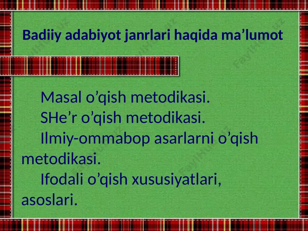 haqidagi ertakka o’xshash kulgili hikoya kabi qabul qilsalar, 2- sinfdan boshlab ular masaldagi hayvonlarning xatti-harakati, o’zaro munosabatlari ba’zan kishilar hayotida ham uchrashini, masal axloqiy bilim beradigan hikoya ekanini, ko’proq she’riy tarzda bo’lishini, unda kishilardagi ayrim kamchiliklar tasvirlanishini bilib ola boshlaydilar. masal tili ustida ishlaganda, o’quvchilar nutqini boyitish uchun unda ishlatilgan obrazli iboralar, badiiy vositalar o’quvchilarga mustaqil toptiriladi: o’quvchilar o’qituvchi bergan gap yoki iborani masaldagi ibora bilan almashtiradilar. masalan, shukur sa’dullaning “laqma it” masalining tili ustida ishlash jarayonida o’qituvchi “qish kelib sovuq boshlandi. bo’ron turdi” gaplarini beradi, o’quvchilar gaplarini topib aytadilar. masal tahlil qilinayotganda voqea rivojini jonli tasavvur qilish, obrazlarni aniq idrok etishda o’quvchilarga yordam berish zarur. chunonchi, ularga ayrim epizodlarni so’z bilan tasvirlash, ba’zilariga o’qituvchi yordamida tavsif tuzish, ishning oxirgi bosqichida rollarga bo’lib o’qish kabilarni tavsiya qilish maqsadga muvofiq. personajga xarakteristika berishda uning xatti-harakati bilan birga, tilning o’ziga xos xususiyatlaridan ham foydalaniladi. masalni ifodali o’qishga tayyorlanishda uning syujetini bilish bilan …