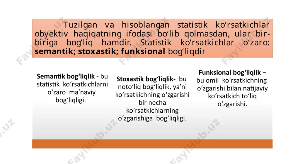 ortiq belgilari asosida guruhlash natijalarini aks ettiradigan jadvaldir. statistik jadval, jadval egasi va kesimi, jadval oddiy, jadval guruhiy,jadval kombinatsion, statistik grafiklar, masshtab va shkala, diagramma ustun va tasma shaklli, diagramma siniq chiziqli, diagramma buramali(spyeralli), diagramma sektorli, diagramma yuzali, diagramma qiyofali, xaritogramma, xaritodiogramma va markazgramma. kalit so’zlar va asosiy tushunchalar: statistik jadvallar deganda nimani tushunasiz? statistik jadval qanday unsurlardan tarkib topgan? uning ega va kesimi deganda nima tushuniladi? jadval maketi deganda-chi? statistik jadvallarning qanday turlarini bilasiz? oddiy jadvallar nima? kombinatsion jadvalchi? talabalar davomati qayd qilinadigan jurnal qanday jadval turiga misol bo‘ladi? kursdoshlaringiz o‘zlashtirishi bilan davomati o‘rtasidagi bog‘lanish natijalari keltirilgan jadval qaysi jadval turiga misol bo‘ladi? nazorat savollari: b.maxkamov, sh.to’rayev. statistika. darslik. - т.: “innovatsion rivojlanish nashriyot-matbaa uyi”, 2023, - 188 b. (16-53 betlar) h. nabiyev, m. ahmedova. iqtisodiy statistika. darslik. - т.: n 47 “innovatsion rivojlanish nashriyot-matbaa uyi”, 2021 - 380 b. (19-72 betlar) курихара с., маруяма а. статистика в рисунках. …