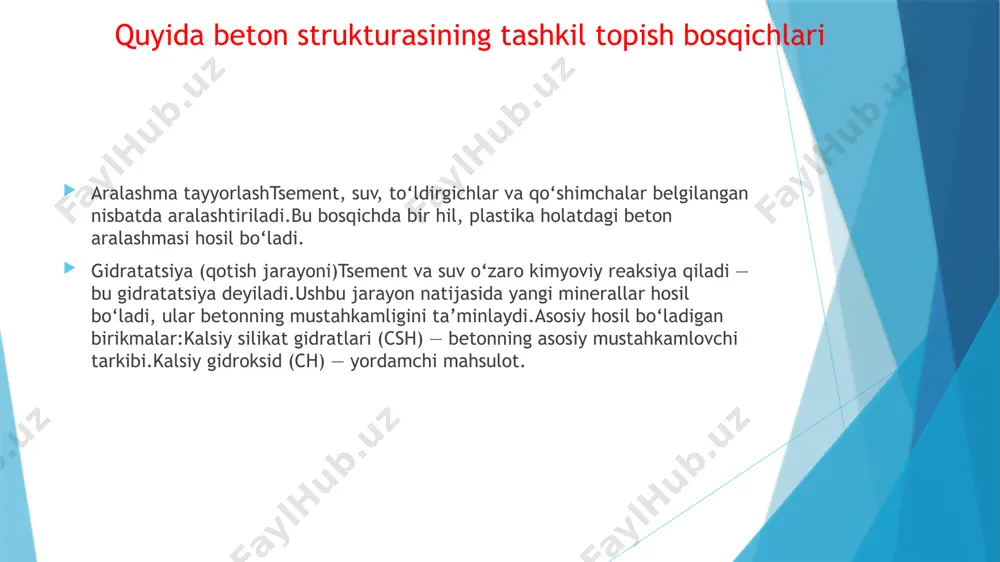 tahkamlik bo‘yicha batafsil ma’lumotlar.neville a.m., "properties of concrete", 5th edition, pearson education, 2012.➤ 3. betonning xossalari va qo‘shimchalar ta’siri bo‘yicha klassik ilmiy manba (ingliz tilida).mehmonov a., nishonov m., "qurilish materiallari", samarqand, 2018.➤ tsement, to‘ldirgichlar, qo‘shimchalar va beton aralashmalari haqida amaliy darslik.gost 10178-85, 4. "portlandtsement. texnik shartlar".➤ tsementning davlat standarti, tarkibi va xossalari.snip 3.03.01-87, "yopiq konstruksiyalarni qurish normalari".➤ beton quyish, parvarish qilish va qotish bo‘yicha texnik normalar.astm c494/c494m-19, 5. "standard specification for chemical admixtures for concrete"➤ kimyoviy qo‘shimchalar bo‘yicha xalqaro standart (ingliz tilida). e’tiboringiz uchun rahmat! user (u) - image1.png image2.png image3.png image4.png image5.png /docprops/thumbnail.jpeg