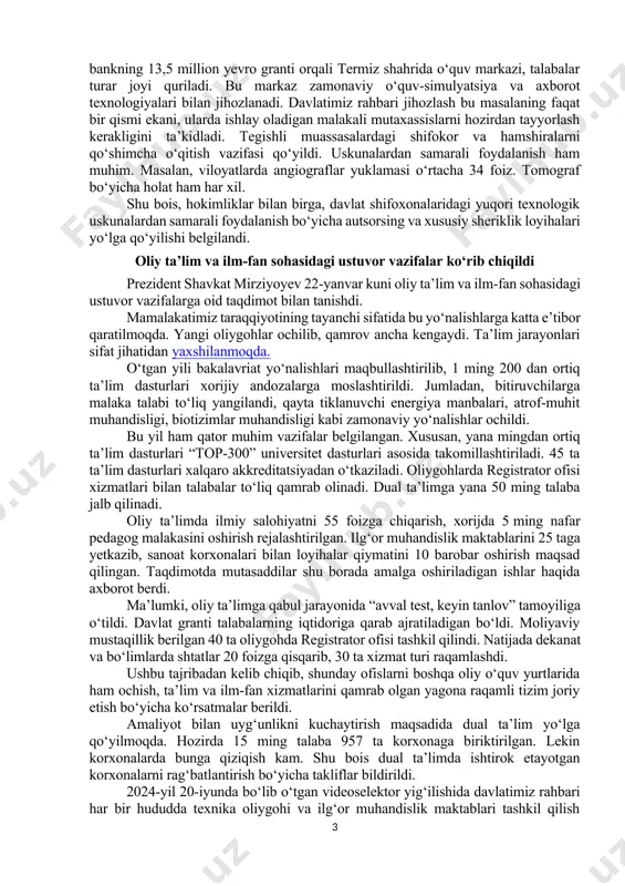 ilda ham izchil davom ettirish zarur. jumladan, “masofaviy audit” avtomatlashtirilgan axborot tizimiga 110 ta vazirlik va idoraning ma’lumotlar bazasi integratsiya qilinadi. bu orqali joriy yilda 480 trillion so‘mlik byudjet xarajatlari monitoringi to‘liq qamrab olinadi. byudjetga qo‘shimcha daromad manbalarini aniqlash, moliyaviy va boshqa xavflarning oldini olish doimiy vazifa hisoblanadi. davlat ulushi bor korxonalarning moliyaviy faoliyatini doimiy monitoring qilib borish ham muhim. joriy yilda byudjetga 309 trillion so‘m daromadlar tushishini ta’minlash choralari ko‘riladi. xalqaro moliya institutlari mablag‘lari hisobidan amalga oshirilayotgan loyihalarni xalqaro standartlar asosida auditdan o‘tkazish amaliyoti boshlanadi. prezident barcha davlat idoralarida moliyaviy intizom va tejamkorlikka qat’iy amal qilinishi zarurligini ta’kidladi. tibbiyot muassasalarini jihozlash masalalari ko‘rib chiqildi davlatimiz rahbari tibbiyot muassasalarini jihozlash va xizmatlar sifatini oshirishga doir takliflar taqdimoti bilan tanishdi. aholi salomatligini mustahkamlash va davolash sifatini oshirish maqsadida shifoxonalar zamonaviy uskunalar bilan ta’minlanmoqda. buning uchun byudjetdan har yili kamida 100 milliard so‘m ajratilayapti. shuningdek, o‘tgan yilning o‘zida tibbiyotni yuqori texnologik uskunalar …