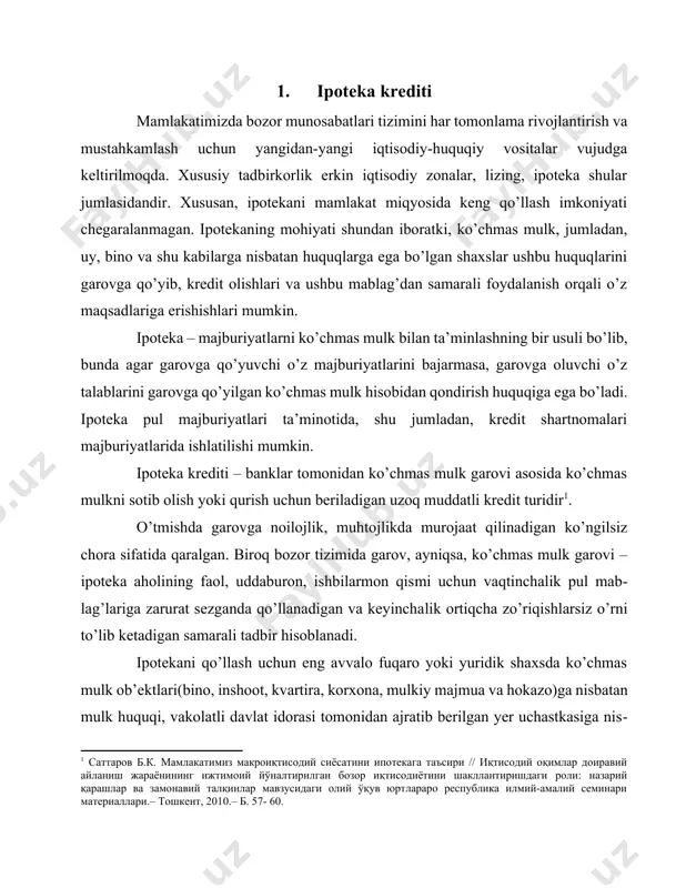 halik ortiqcha zo’riqishlarsiz o’rni to’lib ketadigan samarali tadbir hisoblanadi. ipotekani qo’llash uchun eng avvalo fuqaro yoki yuridik shaxsda ko’chmas mulk ob’ektlari(bino, inshoot, kvartira, korxona, mulkiy majmua va hokazo)ga nisbatan mulk huquqi, vakolatli davlat idorasi tomonidan ajratib berilgan yer uchastkasiga nisbatan meros qilib qoldiriladigan umrbod foydalanish huquqi, fermer xo’jaliklarida esa dehqonchilik uchun ajratilgan yerlarga nisbatan ijara huquqi bo’lishi lozim. ko’chmas mulklarga nisbatan huquqlar davlat ro’yxatidan o’tkazilgan bo’lishi shart. ipoteka turmushning ko’pgina sohalarida, ayniqsa, tadbirkorlikda turli maqsadda kredit olish uchun qo’llanadi. ko’chmas mulk garovi tijorat banklari uchun garovning boshqa turlariga nisbatan ishonchliroq hisoblanadi: uning qiymati katta, bahosining pasayish xavfi kam, aksincha, oshib borishi mumkin, u iste’mol qilinishi yohud yashirib qo’yilishi mumkin emas. mamlakatimizda ipotekani keng va oson qo’llash uchun barcha shart-sharoitlar: huquqiy asos, zarur infratuzilma – tijorat banklari, baholovchi tashkilotlar, tadbirkorlik tuzilmalari va shu kabilar mavjud. nizolarni sud orqali hal etish, huquqlarni himoya qilish, kreditlar qaytarilmaganda undiruvni ko’chmas mulkka qaratish mexanizmi ishlab …