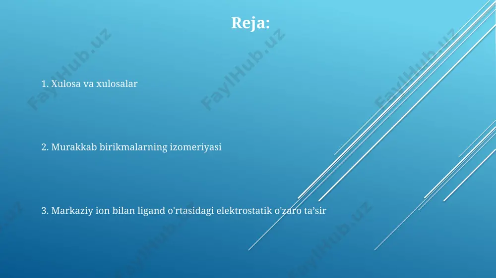 ng optik izomeriyasi metall ionining atrofidagi ligandlarning ma'lum bir fazoviy joylashuviga bog'liq bo'lib, tetrahedral va oktahedral komplekslarda kuzatiladi. ligandlarning ta’siri ligandlarning kuchli maydon ta’siri (strong field effect) metall ionining d-orbital elektronlarini juftaklashishiga olib keladi, bu esa past spinli kompleks hosil bo’lishiga sabab bo’ladi, masalan, cn⁻ ligandi. ligandlarning kattaligi va shakli kompleksning geometriyasi va izomeriyasiga sezilarli ta’sir ko’rsatadi; masalan, katta hajmli ligandlar tetraedral yoki kvadrat tekis geometriyani afzal ko’rishi mumkin. turli ligandlarning elektron beruvchanligi (donorlik qobiliyati) metall-ligand bog’ining kuchini va kompleksning barqarorligini o’zgartiradi; masalan, co ning kuchli π-akseptor xususiyati kompleksning barqarorligini oshiradi. murakkab birikmalarning izomeriyasi ligandlarning turli xil joylashishi natijasida murakkab birikmalar, masalan, oktaedrik komplekslar uchun 15 ta izomer mavjud boʻlishi mumkin, bu esa ularning xossalarining farqlanishiga olib keladi. murakkab birikmalarning izomeriyasi, markaziy ionning ligandlar bilan oʻzaro taʼsiri tufayli 2 yoki undan ortiq xil tuzilishga ega boʻlishi mumkin, masalan, geometrik va koordinatsion izomeriya turlarini hosil qiladi. murakkab birikmalarning izomeriyasi, markaziy metall …