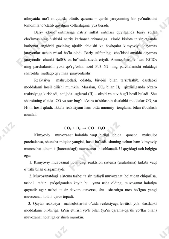 ga erishish mumkin. 2 kimiyoviy muvozanat konstantasi. reaktsiya unumini muvozanat konstantasi (k) deb atalgan kattalik bilan qayd etiladi. sistemaning tabiatiga qarab bu kattalikning ifodasi turli xil ko’rinishda bo’ladi. a) sistema gomogen bo’lib, u suyuqliklardan iborat bo’lsa, muvozanat konstantasi, odatda кс bilan ifodalanadi. b) sistema faqat gazlardan iborat bo’lsa, muvozanat konstantasi, кр – bilan ifoda etiladi. ko’pgina reaktsiyalar bir xil sharoitda qarama-qarshi ikki tomonga boradi: dastlabki moddalardan turli mahsulotlar va mahsulotlardan dastlabki moddalar hosil bo’ladi. reaktsiya davom etgan sari, dastlabki moddalarning kontsentratsiyasi uzluksiz pasaya boradi, natijada massalar ta‘siri qonuniga muvofiq, to’g’ri reaktsiyaning tezligi ham kamayib boradi, mahsulotlar kontsentratsiyasi esa aksincha orta boradi, natijada teskari reaktsiyaning tezligi ham oshadi. nihoyat shunday bir payt keladiki, bu vaqtdan boshlab to’g’ri reaktsiyaning tezligi teskari reaktsiyaning tezligiga tenglashadi: bu vaqtda muvozanat qaror topadi. dastlabki moddalarning va mahsulotlarning kontsentratsiyasi o’zgarishdan to’xtaydi. olingan moddalarning bir qismi reaktsiyaga kirishmasdan qoladi. muvozanat qaror topgan vaqtda moddalar kontsentratsiyasi muvozanat kontsentratsiya yoki …
