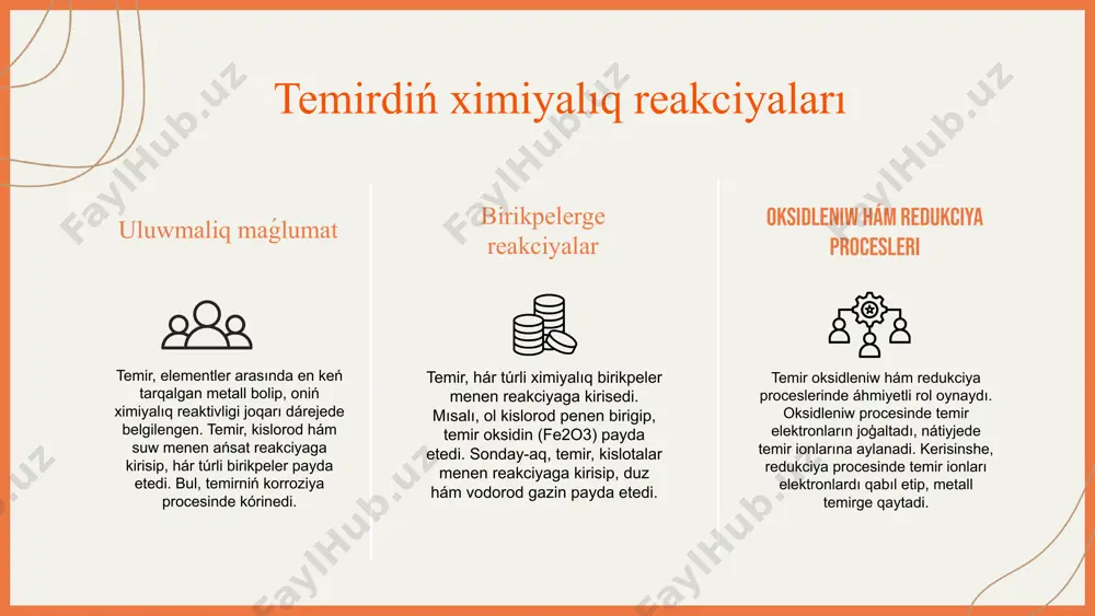 qolllaniliw viii topar elementleri, tiykarınan, ximiya sanaatında hám hár túrli ónimlerde keń qollanıladı. olar katalizator sipatında qollanılıwı, sonday-aq, elektron qurilmalarında áhmiyetli rol atqarıwı múmkin. • viii topar elementleri, máselen, platina hám palladium, avtomobil katalizatorlarında qollanıladı;olar ximiyalıq reakciyalardı tezlestiriwde hám qorshagan ortalıqtı qorgawda úlken áhmiyetke iye; bul elementlerdiń reaktivligi olardıń ximiyalıq qásiyetlerine hám basqa elementler menen reakciyaga kirisiw qábiletine baylanıslı. olar kóbinese galogenler hám kislorod penen reakciyaga kirisip, olardıń hár túrli birikpelerge aylanıwına alıp keledi. máselen, platina hám palladiydiń joqarı reaktivligi olardıń kóplegen ximiyalıq processlerde, sonıń ishinde, organikalıq birikpelerdiń sintezinde keń qollanılıwına sebep boladı. fe niń biologiyalıq áhmiyeti temir tirishilikte áhmiyetli rol oynaydı, ásirese gemoglobinde kislorod transportında. gemoglobin qandaģı kislorodtıń kóp bólimin óz ishine aladı hám denedegi kletkalarga jetkerip beriwde tiykargı wazıypanı atqaradı. temir jetispewshiligi organizmde bir qatar unamsız tásirlerdi keltirip shıǵarıwı múmkin, sonıń ishinde, anemiya, sharshaw hám immun sistemasınıń tómenlewi. temir jetispewshiligi belgileri kóbinese sharshaw, teriniń reńsizleniwi hám dem aliwda …