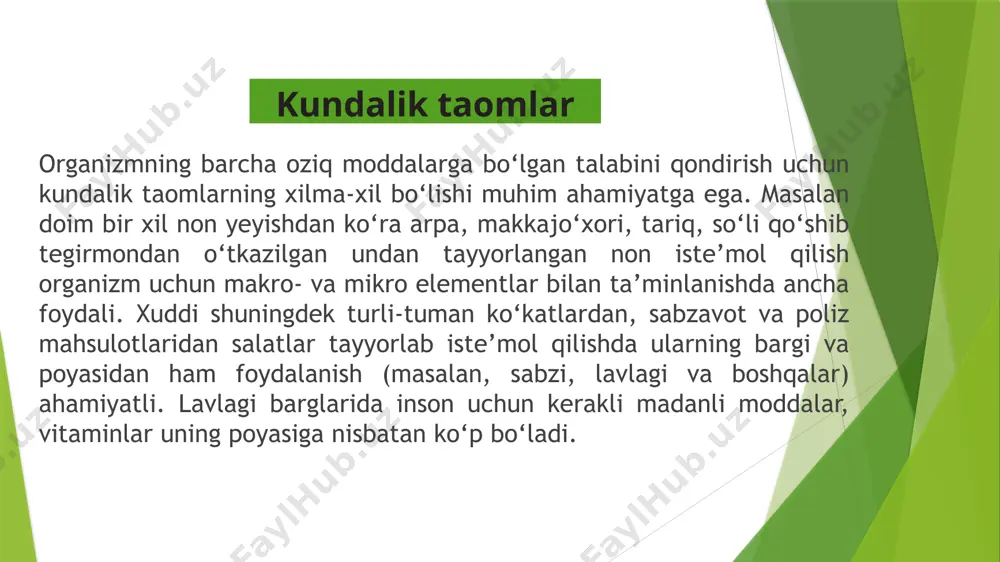da quyuqroq taomlar bilan tugatish; har kuni bir xil vaqtda ovqatlanish; faqat to’g’ri ishlov berilgan mahsulotlarni (termal va h.k.) iste’mol qilish. quyida to‘g‘ri ovqatlanishda ovqat tarkibi bo‘yicha ma’lumotlar keltirilgan: oqsillar: baliq, tuxum, kurka, tovuq go‘shtlari, sut, tvorog, mol va qo‘y go‘shti. uglevodlar: guruch, bulg‘or qalampiri, makaron, jo‘xori uni, grechixa, banan, mevalar, mayiz. kletchatka: oddiy karam, brokkoli, ismaloq, sabzi, lavlagi, qovoq, baqlajon va mevalar. yog‘lar: yong‘oq, hayvon va o‘simlik yog‘i, baliq, sariyog‘. sutkalik ovqat ratsioniga qo‟yiladigan talablar qo‟yidagicha: a) ovqat ratsionining kaloriyasi sutkalik energiya sarfini qoplashi zarur; b) ovqat etarli miqdorda uglevodlar, oqsillar va yog‟larga, shuningdek, vitaminlar, mineral tuzlar ga boy bo‟lishi kerak; c) ovqatni iste‟mol qilish vaqti to’g’ri taqsimlangan bo‟lishi zarur. ovqat ratsionini tuzish printsiplari bilan tanishib chiqish ovqat ratsionini tuzish uchun eng avval sutkalik energiya sarfi aniqlanadi.buning uchun xronometriya bo‟yicha kun tartibi tuziladi. har xil ishlarda sarflanadigan energiya sarfi jadvaldan topiladi.jadvalda keltirilgan ko‟rsatkichlardan foydalanib, quyidagi sxema bo‟yicha kun tartibi …