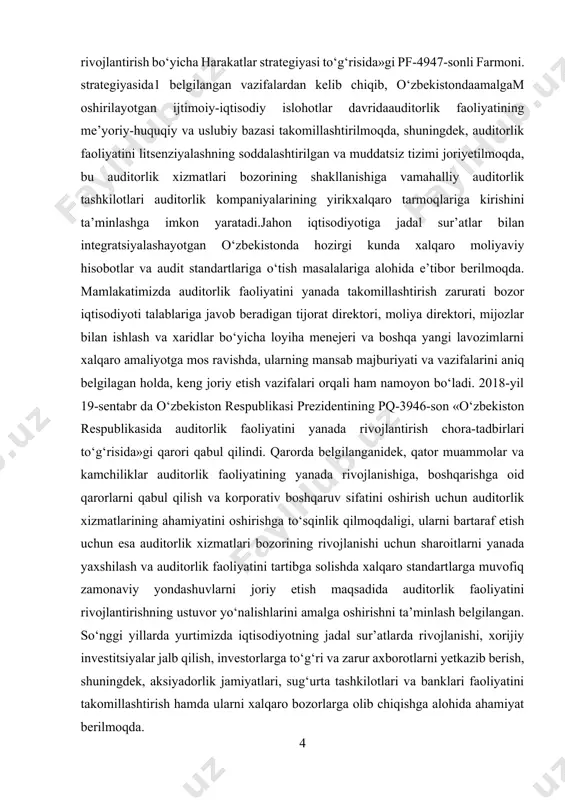 rining erkin tanlash, talab va taklifning ustyvorligi, iqtisodiyotning egiluvchanligi, tashqi iqtisodiy faoliyatning rivojlanishi, raqobatning mavjudligi, o’z-o’zini mablag’ bilan ta'minlash tamoyiliga to’liq amal qilishlik. bozor iqtisodiyoti mavjud mulklardan ko’proq daromad (foyda) olishni taqozo qiladi. endilikda mulkka egalik qilish, undan foydalanish va tasarruf etish faqat samara keltirishi kerak. bozor iqtisodiyoti sharoitida korxona va tashkilotlarning asosiy mezoni ham mulklardan samarali foydalanish tufayli olinadigan foyda bilan belgilanadi. bunday natijaga qabul qilingan qonun - qoidalarga to’liq amal qilish orqali erishish mumkin. xo’jalik yurituvchi sub'ektlar faoliyatini tekshirish va ularga xolisona baho berish daxlsiz auditorlar va auditorlik tashkilotlari zimmasiga yuklatilgan. shu bois iqtisodiyotimizda auditorlik xizmati bozori vujudga keldi. auditorlar o’zaro tuzilgan shartnomalarga asosan turli mulkdagi xo’jalik yurituvchi sub'ektlar faoliyatini ekspertizadan o’tkazadilar, noqonuniy operatsiyalarni aniqlash hamda korxona samaradorligini ta'minlashga qaratilgan tavsiyalar beradilar. prezident i.a.karimovning 2009 yilda mamlakatimizni ijtimoiy-iqtisodiy rivojlantirish yakunlari va 2010 yilga mo’ljallangan iqtisodiy dasturning eng muhim ustuvor yo’nalishlariga bag’ishlangan vazirlar mahkamasi majlisidagi ma’ruzasi. xalq so’zi gazetasi, …