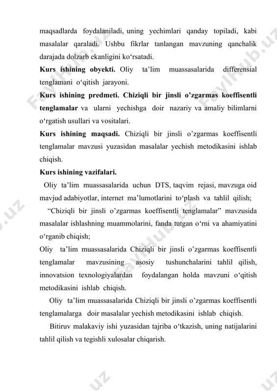 qli ko’rinishdagi differensial tenglamalar hosil qilishga imkon beradigan shartlar maxsus kiritiladi. bunday qo’shimcha shartlarni kiritish chiziqlashtirish deyiladi. mazkur paragrifda (3) tenglama xususiy yechimlarining ba’zi xossalari qaraladi. (3) tenglamaning chap qismi orqali belgilaymiz: (4) shu bilan birga, qisqalik uchun funksiyalarda argumentni yozamiz. bu ifodani funksiyaning chiziqli differensial operatori deb ataymiz. chiziqli differensial operatorni funksiyaning yagonaligi kabi qarash mumkin. darhaqiqat funksiya songa yangi sonni mos qo’yadi, operator esa funksiyaga yangi funksiyani mos qo’yadi. masalan, bo’lsin. u holda funksiya uchun ni hosil qilamiz, ya’ni funksiya funksiya mos qo’yiladi. funksiya uchun: agar operator bo’lsa uchun ga, uchun esa ga egamiz. chiziqli differensial operator quyidagi ikkita asosiy xossaga ega. o’zgarmas ko’paytuvchini operator belgisidan tashqariga chiqarish mumkin, ya’ni n marta differensiallanuvchi istalgan funksiya uchun quyidagi tenglik o’rinli: buyerda c=const. (5) xaqiqatan ham, ni hisoblasak, shuni isbotlash kerak edi. bu xossa bir jinslilik xossasi deyiladi. 2. ikkita funksiya yig’indisining operatori har qaysi qo’shiluvchi operatorlarning yig’indisiga teng, ya’ni …
