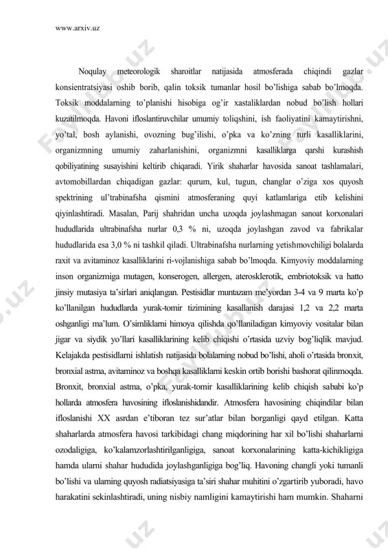 hiqish sababi ko’p hollarda atmosfera havosining ifloslanishidandir. atmosfera havosining chiqindilar bilan ifloslanishi xx asrdan e’tiboran tez sur’atlar bilan borganligi qayd etilgan. katta shaharlarda atmosfera havosi tarkibidagi chang miqdorining har xil bo’lishi shaharlarni ozodaligiga, ko’kalamzorlashtirilganligiga, sanoat korxonalarining katta-kichikligiga hamda ularni shahar hududida joylashganligiga bog’liq. havoning changli yoki tumanli bo’lishi va ularning quyosh radiatsiyasiga ta’siri shahar muhitini o’zgartirib yuboradi, havo harakatini sekinlashtiradi, uning nisbiy namligini kamaytirishi ham mumkin. shaharni quyuq. tuman bosishi ham xavflidir, chunki tuman tomchilari tarkibidagi zaharli moddalar inson organizmiga kirgach, salbiy ta’sir ko’rsatadi. jumladan, nafas yo’llarining yillik. qavatlarini yallig’lantirib, turli kasallik​larni keltirib chiqaradi. shunday tumanli kunlarda bemorlarning ahvoli keskin yomonlashadi. masalan, surunkali bronxit, emfizema, tumov kasalliklariga duchor bo’lgan bemorlar o’zlarini yomon his qiladilar. atmosfera havosidagi chang zarrachalari inson organizmiga noxush ta’sir qiladi. changlarning asorati ular tarkibidagi kimyoviy moddalarning biologik faolligiga, tabiatiga, fizik jihatiga bog’liq bo’ladi. masalan, havodagi chang tarkibida qo’rg’oshin, margimush, marganes, kadmiy, ftog aerozollari organizmga tushib, surunkali kasalliklarni …