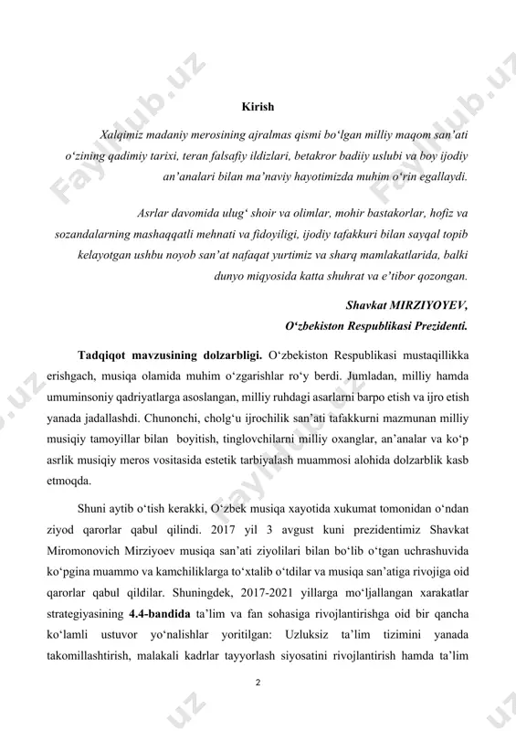 rlar tayyorlash siyosatini rivojlantirish hamda ta’lim moddiy-texnik bazasini mustahkamlashdagi chora-tadbirlar tizimi. “ijtimoiy sohani rivojlantirishga yo‘naltirilgan aholi bandligi va real daromadlarini izchil oshirib borish, ijtimoiy ximoya va sog‘liqni saqlash tizimini takomillashtirish, xotin-qizlarning ijtimoiy-siyosiy faolligini oshirish, arzon uy-joylar barpo etish, yo‘l-transport, muxandislik-kommunikatsiya va ijtimoiy infratuzilmalarni rivojlantirish hamda modernizatsiya qilish bo‘yicha maqsadli dasturlarni amalga oshirish, ta’lim, madaniyat, ilm-fan, adabiyot, san’at va sport sohalarini rivojlantirish, yoshlarga oid davlat siyosatini takomillashtirish”[footnoteref:1]. shunga ko‘ra, uzluksiz ta’lim tizimini takomillashtirish, ta’lim tizimini ochiqligini ta’minlash, jahon standartlariga mos ravishda yuqori malakali kadrlarni tayyorlash maqsad qilib olingan. oliy ta’lim muassasalarida jaxon standartlariga mos ravishda o‘qitish tizimini joriy qilish va ta’lim berish sifatini oshirish asosida rivojlantirish, bosqichma-bosqich oliy ta’lim muassasalarining kvotalarini ko‘paytirishga qaratilgan ahamiyat yoshlarga berilgan imkoniyatdir. [1: ] shu jihatdan ham bugungi kunda o‘zbek musiqa merosi asosida o‘quvchilarni estetik tarbiyalash usullari, vositalarini, tarbiyaning pedagogik-psixologik imkoniyatlarini ochish zaruriyati alohida dolzarblik kasb etmoqda. chunki musiqa ijodiyotining kasbiy, professional janriga oid nazariy va …