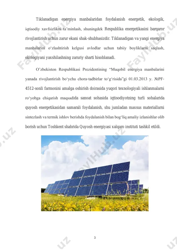 arini qo‘llagan holda quvvati 130 kvtga teng bo‘lgan quyosh fotoelektr stansiyasini sinov tariqasida qurish to‘g‘risidagi memorandum asosida koreya tomonining grant mablag‘lari hisobiga zamonaviy fotoelektr stansiyasi qurildi. stansiya uchun uskunalar koreya fotoelektr sanoati uyushmasi tarkibiga kiruvchi «hanhwa», «jspv», «s-energy» va «topsun», kompaniyalari tomonidan yetkazib berildi. 5 respublikada shamol energetikasini rivojlantirish maqsadida intec gopa (germaniya) kompaniyasi tomonidan geo-net bilan uyushgan holda mamlakatning shamol imkoniyatlarini o‘rganish bo‘yicha loyiha-tadqiqot ishlari amalga oshirildi. o’rganish natijalari bo‘yicha taqdimot o‘tkazilib, “o’zbekiston respublikasining shamol energetikasi imkoniyatlarini rivojlantirishni baholash – mezomasshtabda modellashtirish va maydonlarni baholash” hisoboti taqdim etildi. natijada qoraqalpog‘iston respublikasi va navoiy viloyatida shamol energetikasini yanada kengaytirish maqsadida katta imkoniyatlarga ega maydonlar tanlab olindi. yaqin kelajakda quvvati 100 mvtdan ortiq bo‘lgan shamol stansiyasini barpo etish mo‘ljallangan. 6 tiklanadigan energiya manbalarining har xil turlaridan foydalanish tajribasini to‘plash maqsadida “sirdaryo ies” aj , “xorazm xetk” aj, “jizzax xetk” ajning chorvachilik komplekslarida ajralgan biogazdan komplekslarning o‘z ehtiyojlari uchun foydalanish uchun biogaz …