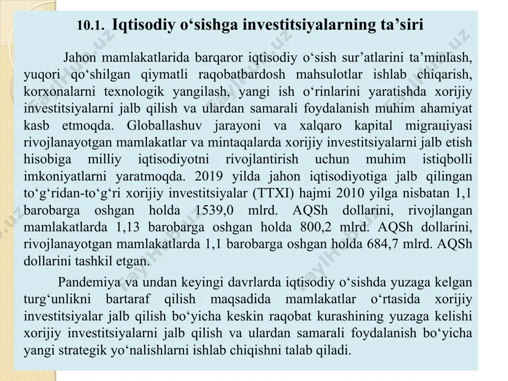 erishiladi” iqtisodiyot tarmoqlari bo‘yicha xorijiy investitsiyalarning tarkibida ma’lum o‘zgarishlar sodir bo‘ldi. 2000 yilda o‘tgan 1999 yilning mos davriga nisbatan xorijiy investitsiyalar sanoat tarmoqlarida 15,6 foiz daraja kamaygan bo‘lsa, qishloq xo‘jaligida esa 5,7 foiz darajaga ortgan. investitsiyaning katta miqdordagi qismini sanoat tarmog‘iga kiritilishi natijasida, sanoat tarmog‘ida dastlabki besh yil mobaynida o‘rtacha 117,52 mlrd. so‘mga ortib, yaim ishlab chiqarishdagi ulushi o‘rtacha 209,87 mlrd. so‘mni tashkil etgan bo‘lsa, 2012-2017 yillarda bu ko‘rsatkichlar mos ravishda 676,82 mlrd. so‘m va 2167,62 mlrd so‘mga etdi. yuqoridagi yutuqlar bilan birga shuni ta’kidlash lozimki, 2017 yilda sanoat ishlab chiqarishining yalpi ichki mahsulotdagi ulushi joriy bahoda 55472,6 mlrd. so‘mni tashkil etdi. sanoat sohasiga kiritilayotgan investitsiyalarning samaradorlik darajalari 1995-2000 yillarda o‘rtacha 1,68 foizni tashkil etdi va 2012-2017 yillarda bu ko‘rsatkich 1,24 foizga ortib, 2,86 foizga teng bo‘ldi. olingan natijalardan ko‘rinadiki, sanoat tarmog‘iga kiritilgan investitsiyalardan foydalanish o‘z samarasini bermoqda. mamlakatimiz agrar sohaga ixtisoslashgani uchun qishloq xo‘jaligi tarmog‘iga ham katta ahamiyat berildiki, …