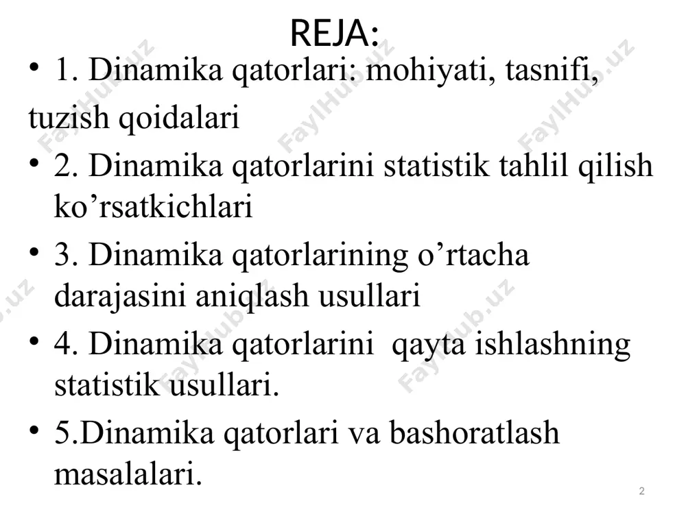 rajasini oldingi yoki bazis davr darajasiga nisbatini ifodalaydi. bazisli usulda zanjirsimon usulda 7 3)qo’shimcha o’zgarish sur’ati. mutlaq o’zgarishning oldingi yoki bazis davr darajasiga nisbatini ifodalaydi. bazisli usulda zanjirsimon usulda 8 bir foizga qo’shimcha o’zgarishni mutlaq mohiyati. qo’shimcha o’zgarish 1%ining mutlaq miq-dorda qanchaga tengligini ifodalaydi: 9 yillar sholi yalpi hosili, ming tonna mutlaq qoʼshimcha oʼzgarish, ming tonna oʼzgarish surʼati,% qoʼshimcha oʼzgarish surʼati,% 1% qoʼshimcha oʼzgarishning mutloq qiymati basiz usulda zanjirsimon usulda basiz usulda zanjirsimon usulda basiz usulda zanjirsimon usulda 2013 2014 2015 2016 2017 2018 2019 2020 150,3 175,1 179,8 181,2 195,7 220,3 221,3 220,5 0 24,8 29,5 30,9 45,4 70,0 71,0 70,2 - 24,8 4,7 1,4 14,5 24,6 1,0 -0,8 100,0 116,5 119,6 120,5 130,2 146,6 147,2 146,7 - 116,5 102,7 100,8 108,2 112,5 100,4 99,6 0 16,5 19,6 20,5 30,2 46,6 47,2 46,7 - 16,5 2,7 0,8 8,2 12,5 0,4 -0,4 - 1,503 1,751 1,798 1,812 1,957 2,203 2,213 …