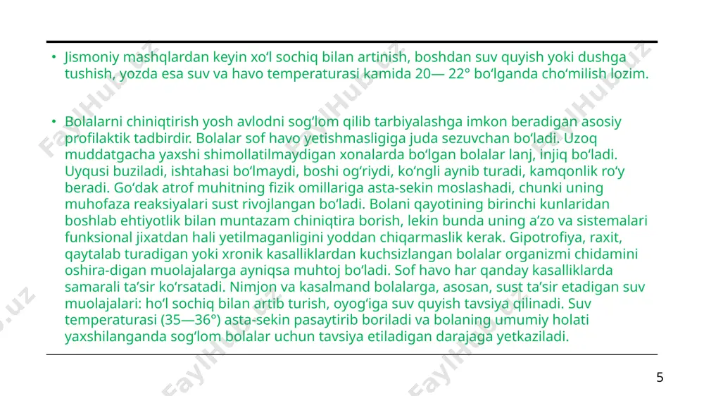 s. charchagan paytda tana juda tez sovib, harorat pasayib ketishidan saqlanish kerak. bir vaqtning o’zida or­ganizmni chiniqtiraman deb issiq yoki sovuq ta'sirini me'yoridan ko’p qabul qilmaslik ham kerak. ish payti ochiq havoda sovuq suvda cho’milish tana haroratini pasaytirishi mumkin. shuning uchun sovuq suvda tushish muddatini oshiqcha cho’zish ham mumkin emas. bunday paytlari suvdan chiqqandan keyin tana harorati tezlik bilan o’z o’rniga kelishi kerak. agar shu narsa kuzatilmasa tekshiriluvchi sovuq suvda ko’p turgan (5-10 minut-dan ziyod) degan xulosaga kelishadi. 7 sovuq suvda cho’milish me'yoridan ortiq bo’lsa ishtaha yo’qoladi, uyqu qochadi, orriqlanib ketiladi, jinsiy faoliyat buziladi. yana shu narsa kuzatiladiki, haddan tashqari ko’p mashq qilganlik dastlab organizm chiniqqanligining nospetsifik komponentiga salbiy ta'sir etar ekan (bir vaqtning o’zida spetsifik kompo­nent saqlanadi). shuning uchun ham me'yoridan ziyod mashq qilish sportchilarda ko’p hollarda shamollash holatiga olib kelishi mumkin. organizmning aerob va anaerob imqoniyatlari mashqni bajarish shiddati va davom etish vaqti, takrorlash soni va dam olish …