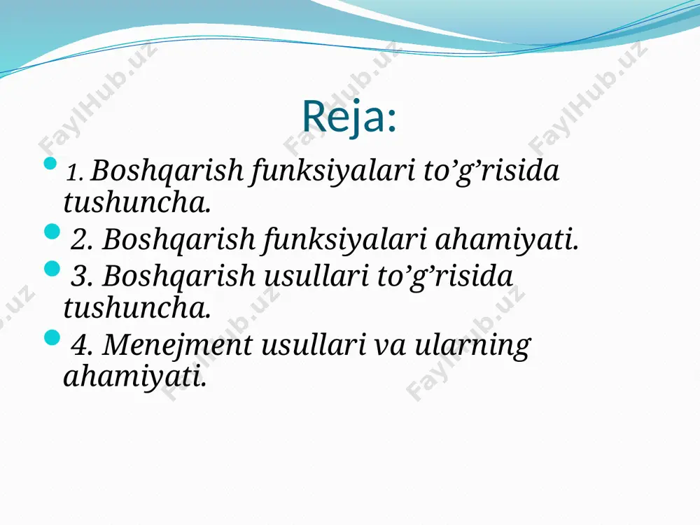 nazorat; rag’batlantirish (motivlashtirish). bu funksiyalar boshqaruvning barcha bo’g’inlarida va hamma bosqichlarida quyidagi izchillikda amalga oshiriladi: * rejalashtirish; * marketingni boshqarish; * moliyaviy boshqarish; * sifatni boshqarish; * mehnatni boshqarish; * xodimlarni boshqarish; * innovatsiyani boshqarish va hokazo. boshqarishning funksiyalaridan yana biri — bu tarmoqli boshqarish bilan hududiy boshqarishning mutanosibligini ta’­minlashdir. har bir korxona qandaydir bir tarmoqqa (sektor tarkibiga) kiradi. ayni vaqtda u bir tuman hududida joylashganligi jihatidan mahalliy ishlab chiqarish — hududiy majmuiga kiradi. boshqarish jarayonida bu funksiya ham hududiy, ham tarmoq manfaatini ko’zda tutishi lozim. tarmoqga doir bo’lgan boshqaruv funksiyalari zarur. busiz tarmoq "yo’qoladi", yagona texnik va texnologiya siyosatini amalga oshirish va butun tarmoqga taalluqli boshqa masalalarni hal etish qiyin bo’ladi. biroq, ayni vaqtda, boshqarishning hududiy funksiyalari ham zarur. bu funksiya muayyan tuman, viloyat hududida joylashgan turli tarmoqlar (sektorlar) ga qarashli korxonalar faoliyatini muvofiqlashtiradi, ratsional aloqalarni o’rnatilishini ta’minlaydi. hududiy funksiyalar idorachilik g’ovlarini yo’qotish, noratsional tashuvlarni kamaytirish va pirovard oqibatda …
